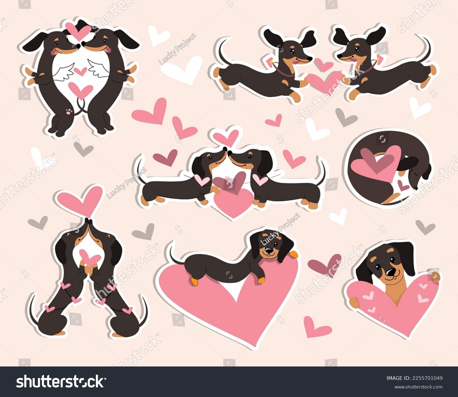 SVG of Collection dachshund dogs and hearts for valentine's day. Vector cartoon doodle illustration. Patch badges svg