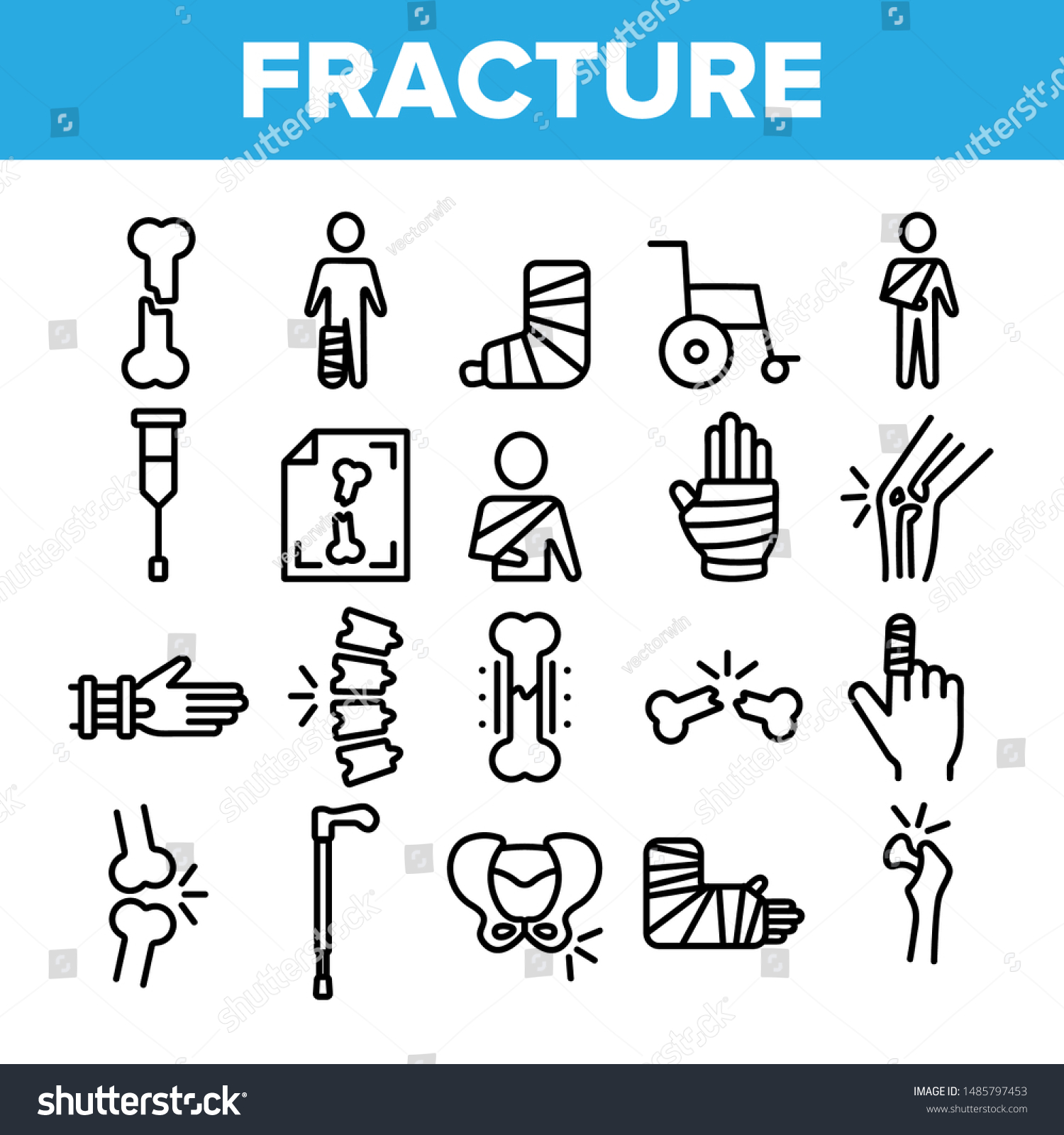 SVG of Collection Fracture Elements Vector Sign Icons Set Thin Line. Gypsum Foot And Hand Arm Crutch, Bones Fracture Linear Pictograms. Medicine Details And Character Monochrome Contour Illustrations svg