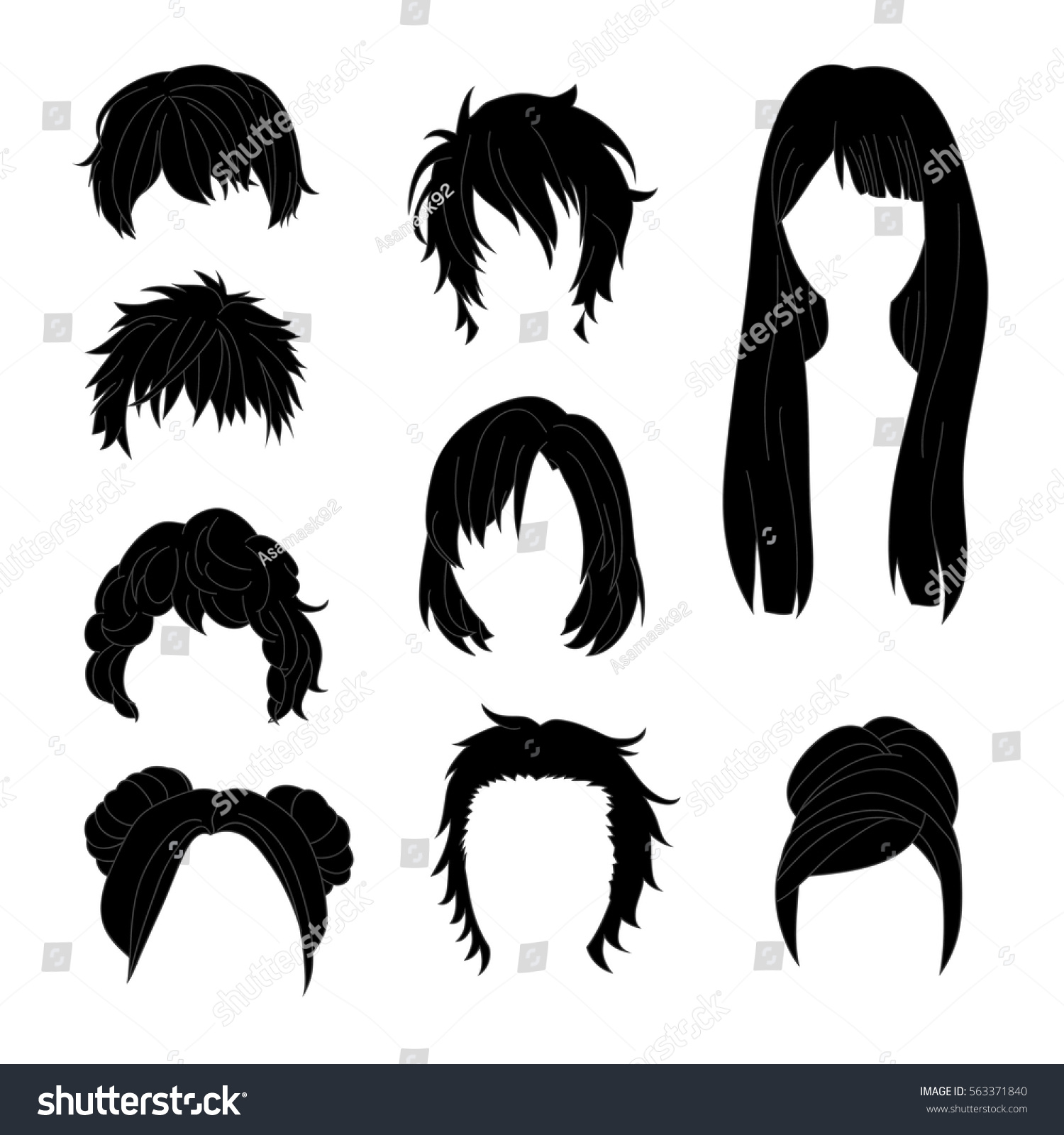 Collection Hairstyle Man Woman Black Hair Stock Vector 