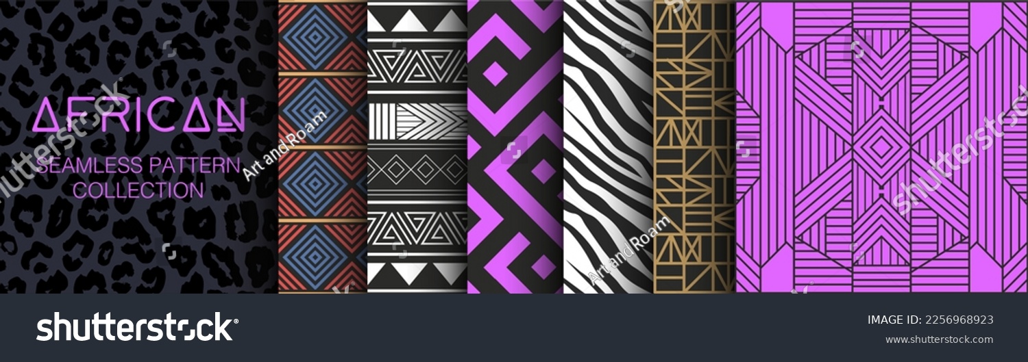 SVG of Collection of African Seamless Patterns. Geometry, textures and signs. Ethnic aesthetic and ornaments inspired by Africa. Tribal designs, folk artworks and native style graphics. Black culture. svg