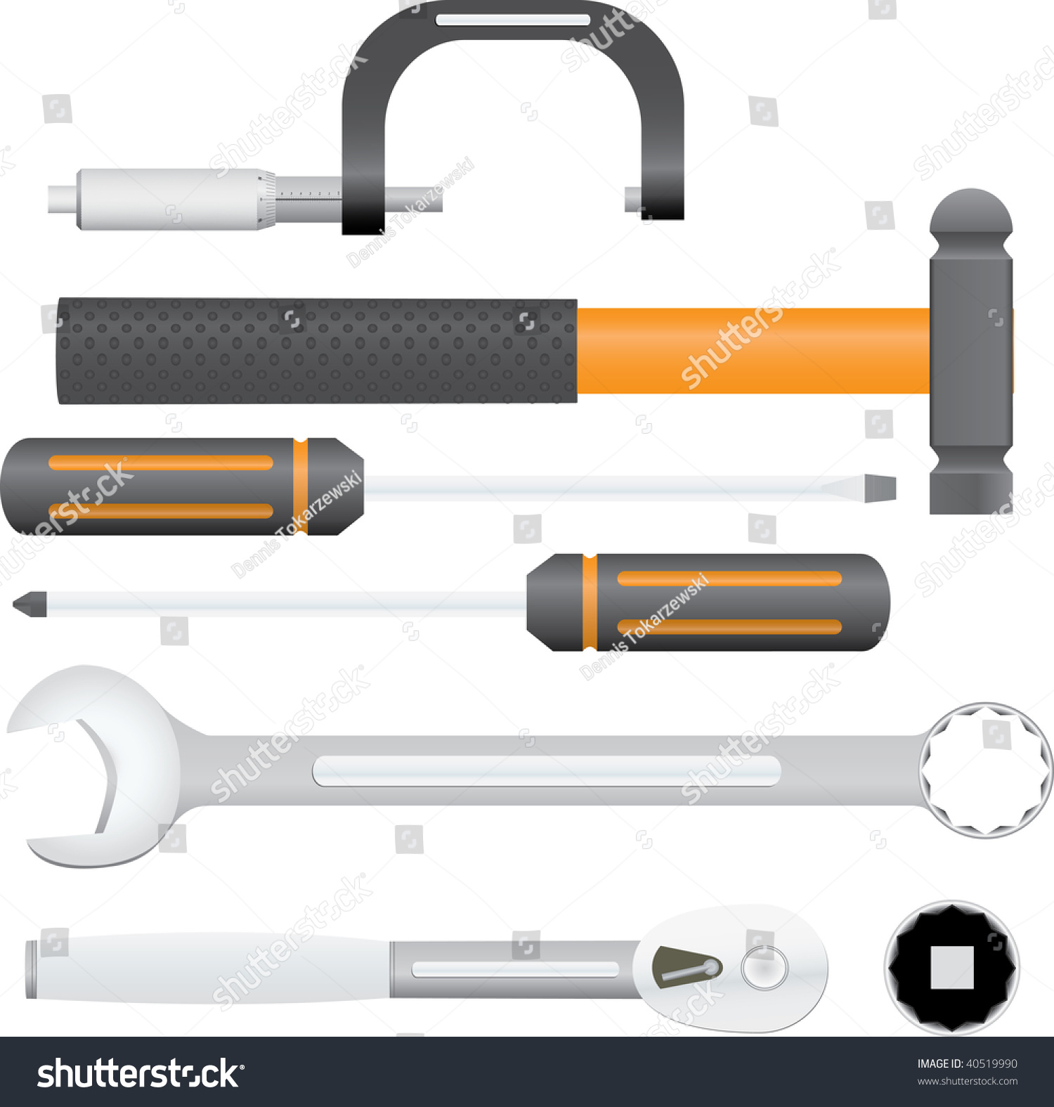 SVG of Collection of automotive service tools. Includes micrometer, combination wrench, ball pein hammer, screwdrivers, ratchet, and socket. svg