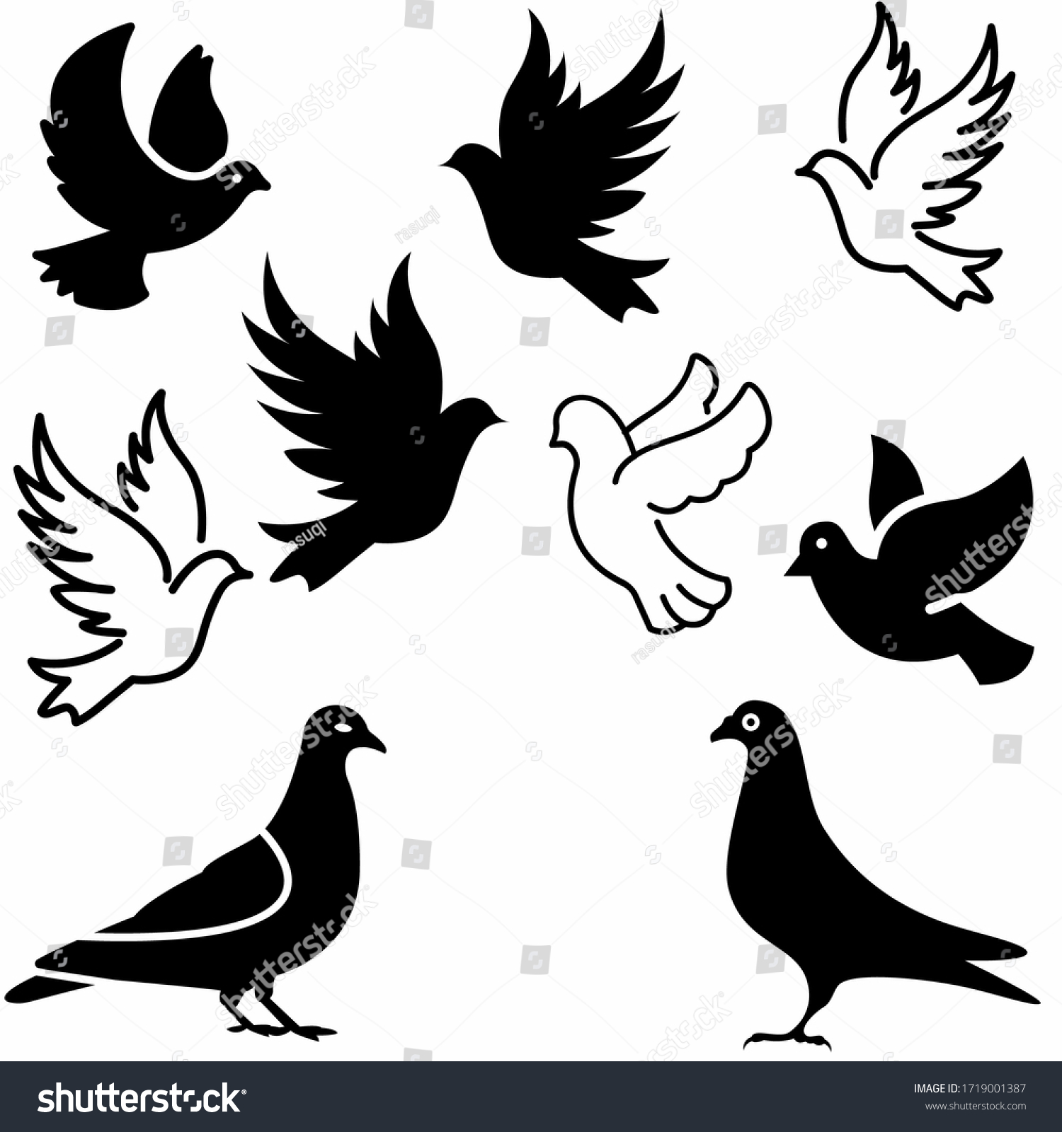 Collection Black Dove Silhouettes Isolated On Stock Vector (Royalty ...