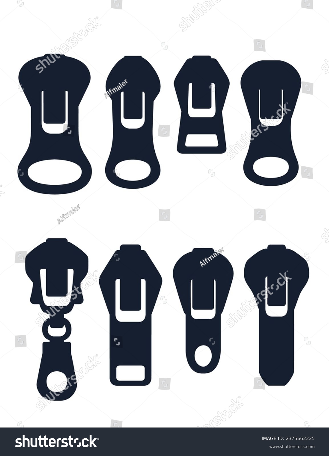 SVG of Collection of black silhouette steel zipper puller vector illustration isolated on white background svg
