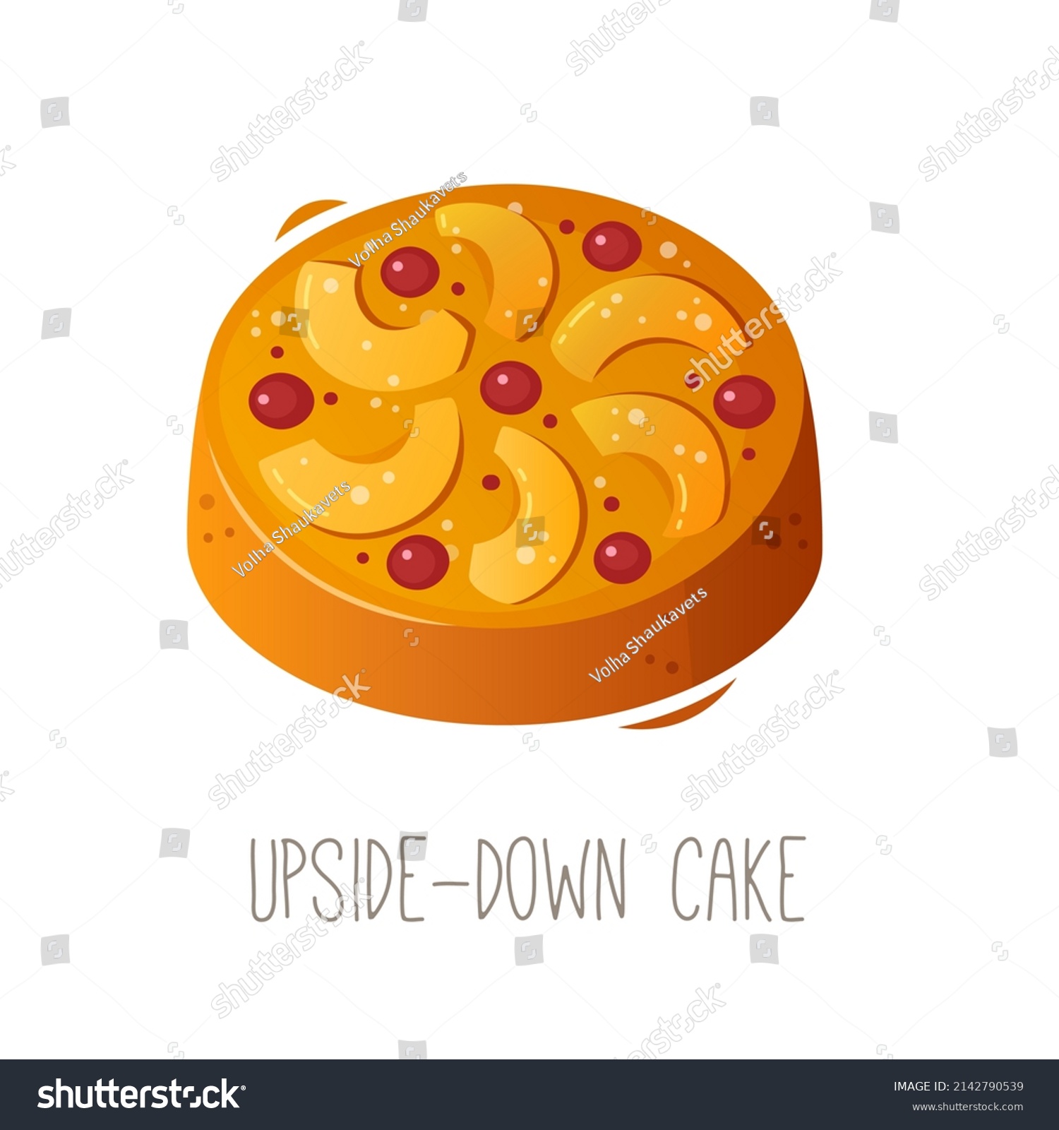 SVG of Collection of cakes, pies and desserts for all letters of alphabet. Letter U - upside down cake. Pie made of batter, pineapples peaches or fruit and caramel. Isolated vector image for menu designs. svg