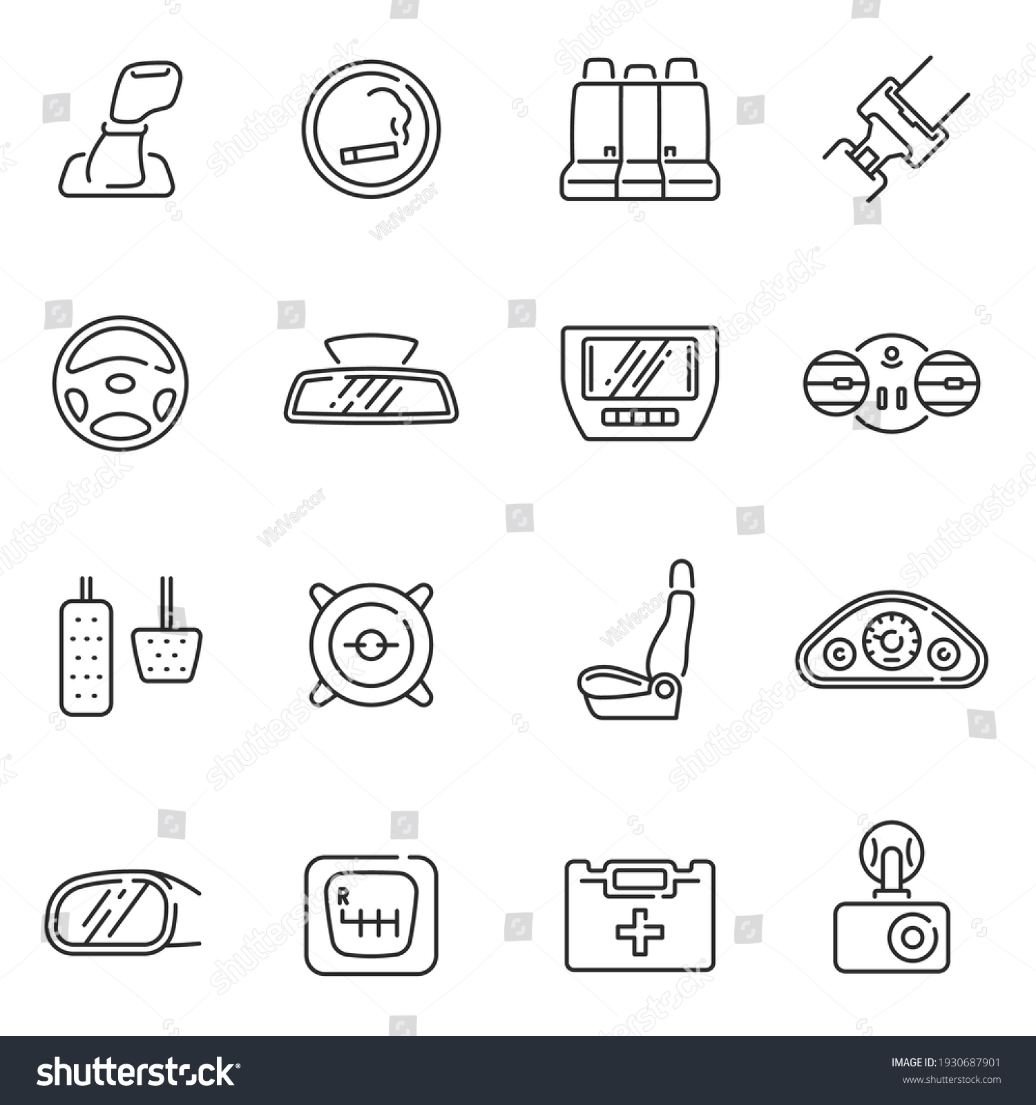 SVG of Collection of car interior details line icon vector illustration. Set of seat back seats dashboard transmission pedals first aid kit dvr and safety belt monochrome outline style isolated on white svg