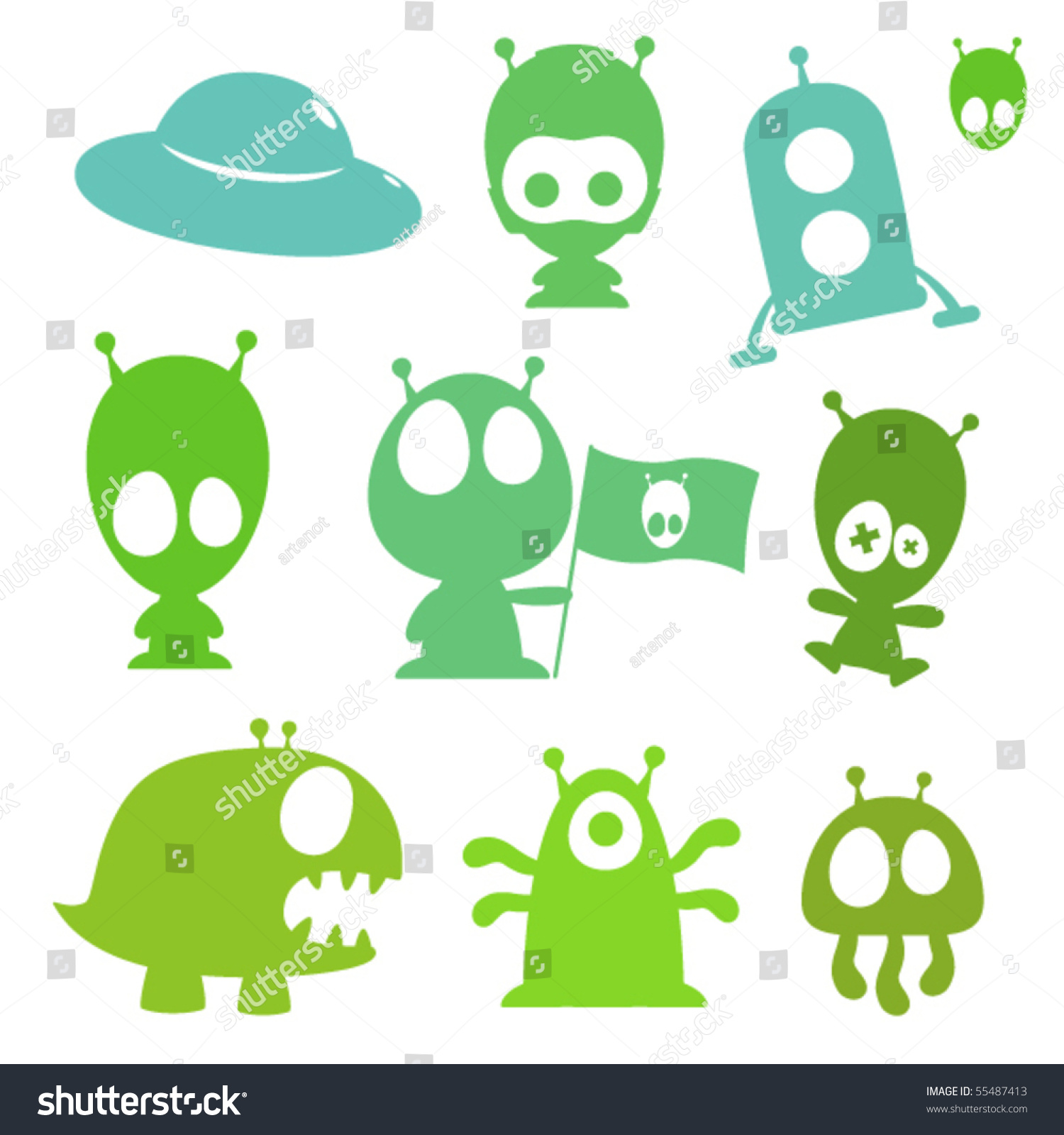 Collection Of Cartoon Aliens, Monsters And Spaceships Stock Vector ...