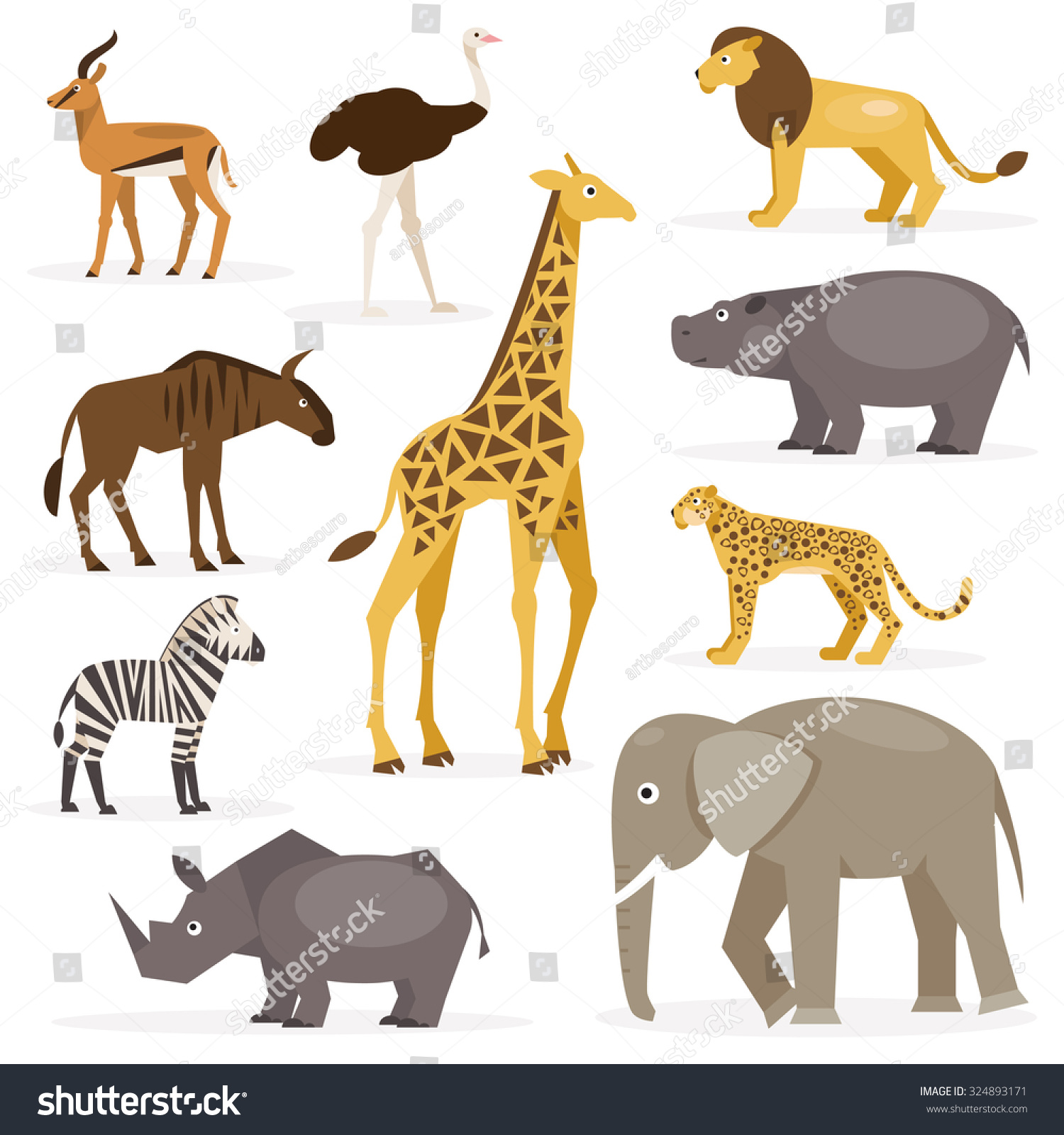 Collection Cartoon Animals Savannah On White Stock Vector (Royalty Free ...