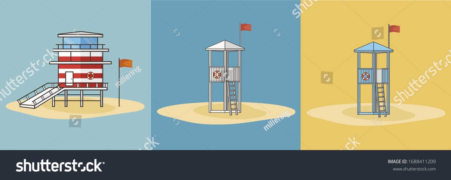 SVG of Collection of cartoon colorful lifeguard stations towers. Vector flat summer illustration.
 svg