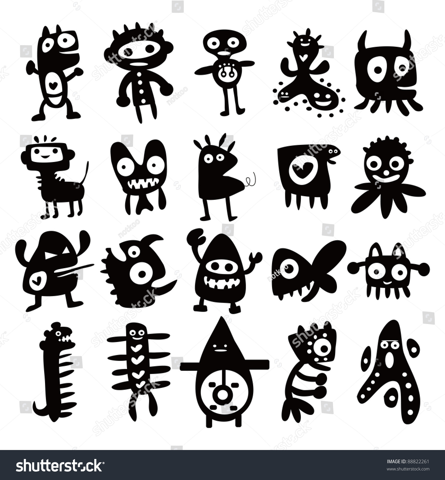 Collection Of Cartoon Funny Monsters Silhouettes Stock Vector ...