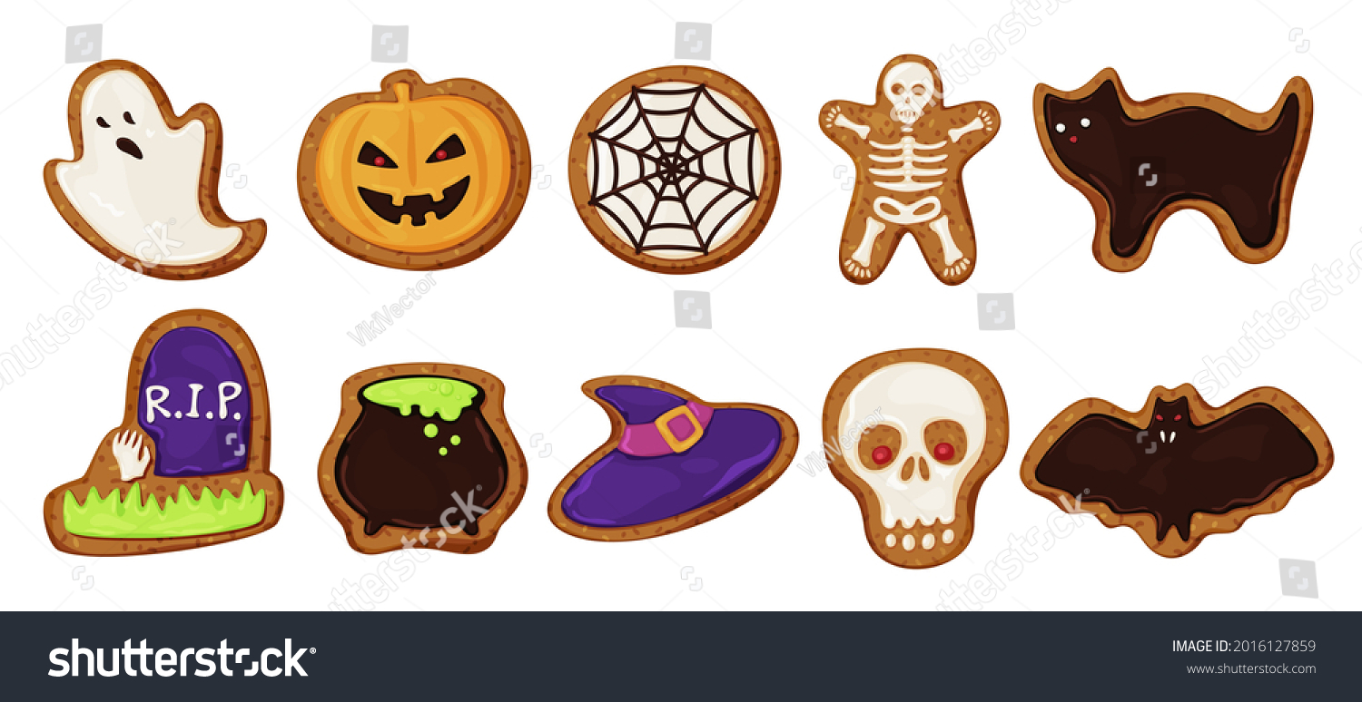 SVG of Collection of colored halloween cookies vector flat cartoon illustration. Set of bakery candy with scary monsters and All Saints' Day symbols isolated. Ghost, skull, pumpkin, potion, skeleton, grave svg
