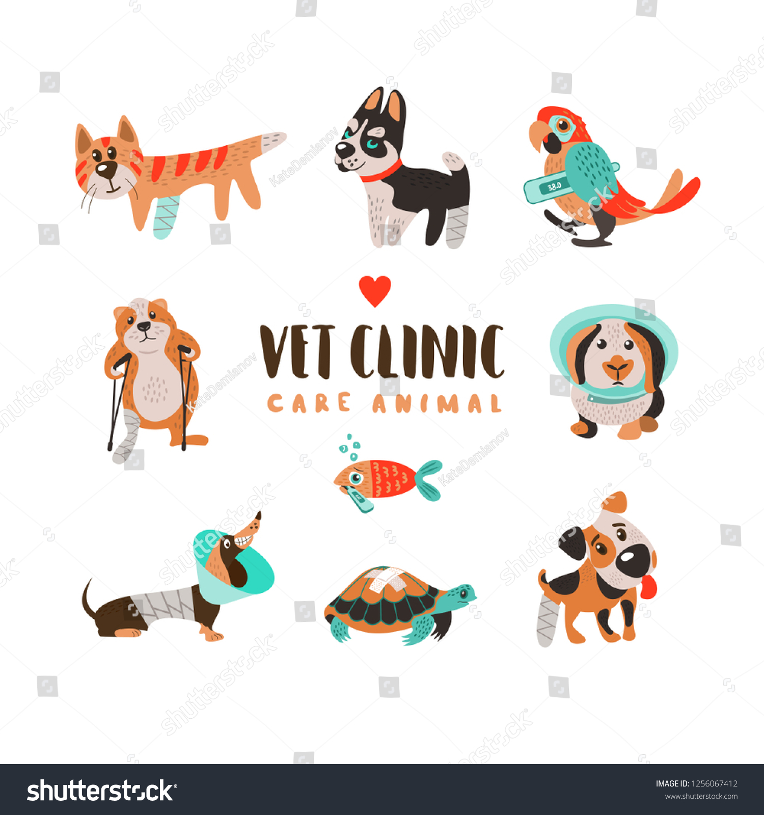 SVG of Collection of cute cartoon animals, sick Pets. Dogs of different breeds, a cat, a hamster with a broken leg, a parrot, a fish and a turtle. On white background. For veterinary clinics of animal shelte svg