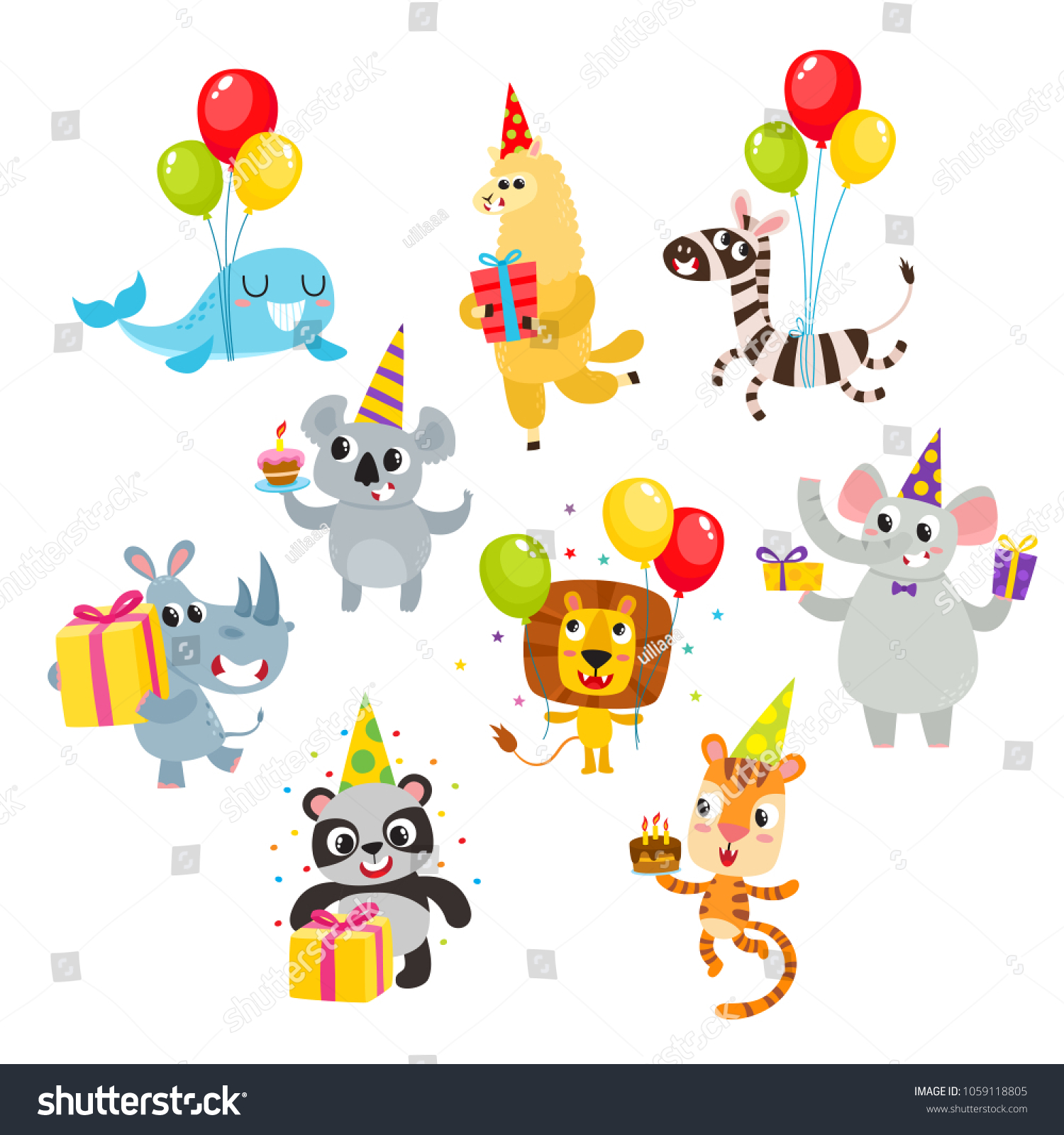 Collection Cute Cartoon Animals Gifts Balloons Stock Vector (Royalty ...