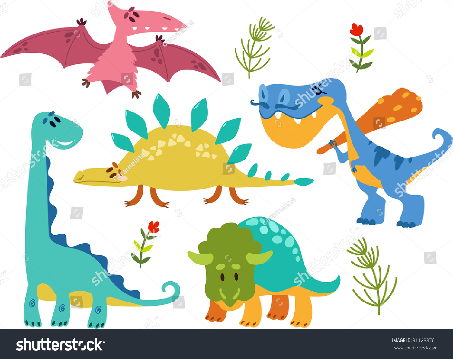 Collection Of Cute Cartoon Dinosaurs 1. Simple, Isolated On White ...