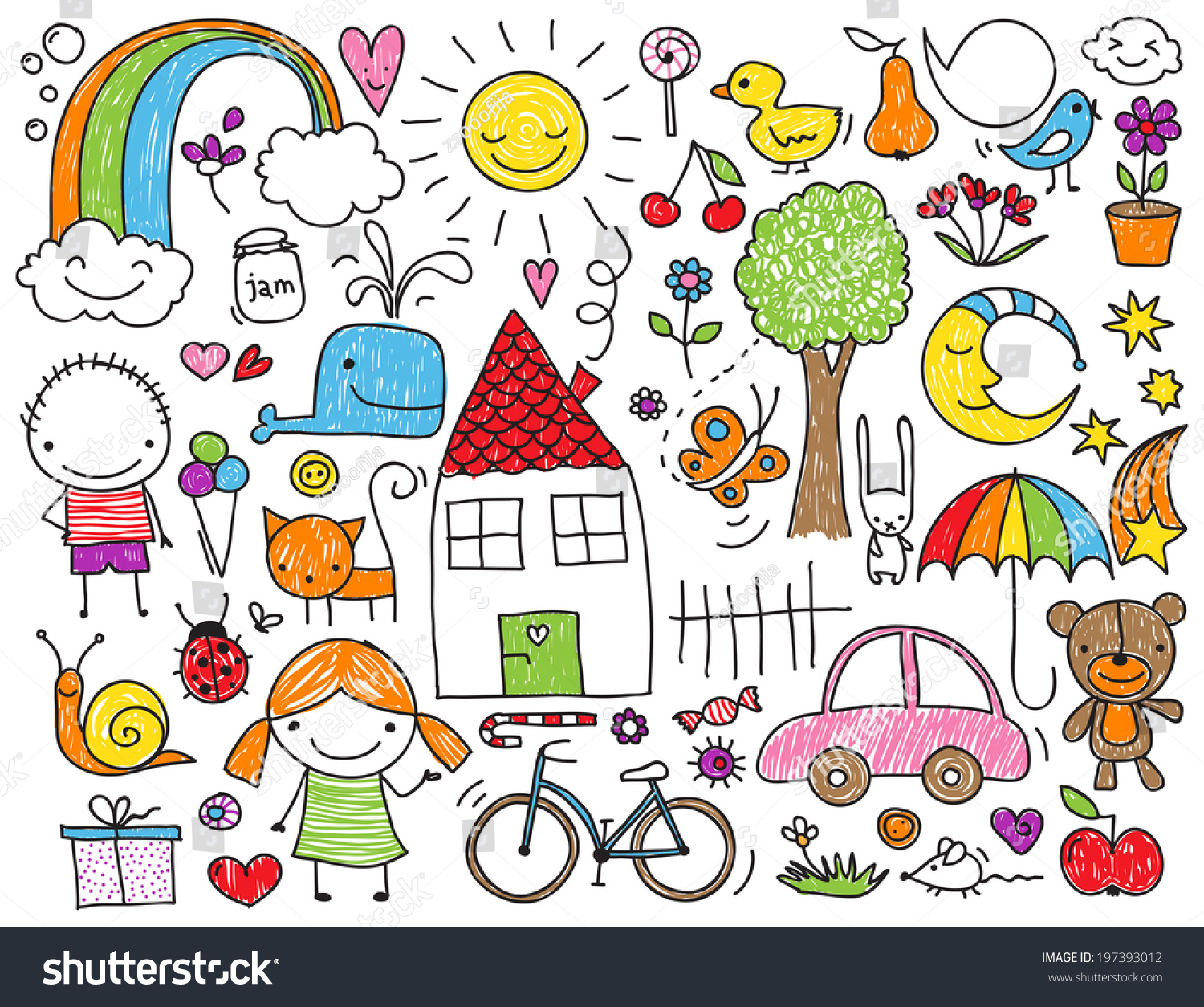 Collection Cute Childrens Drawings Kids Animals Stock Vector