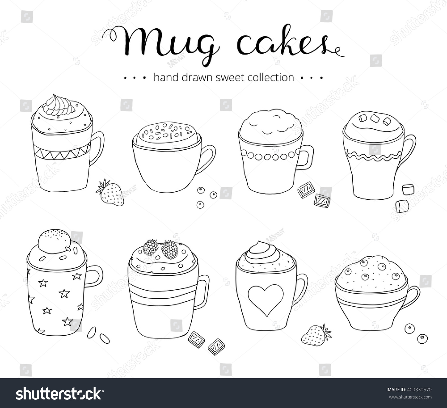 Collection Cute Doodle Mug  Cakes  Coffee Stock Vector 
