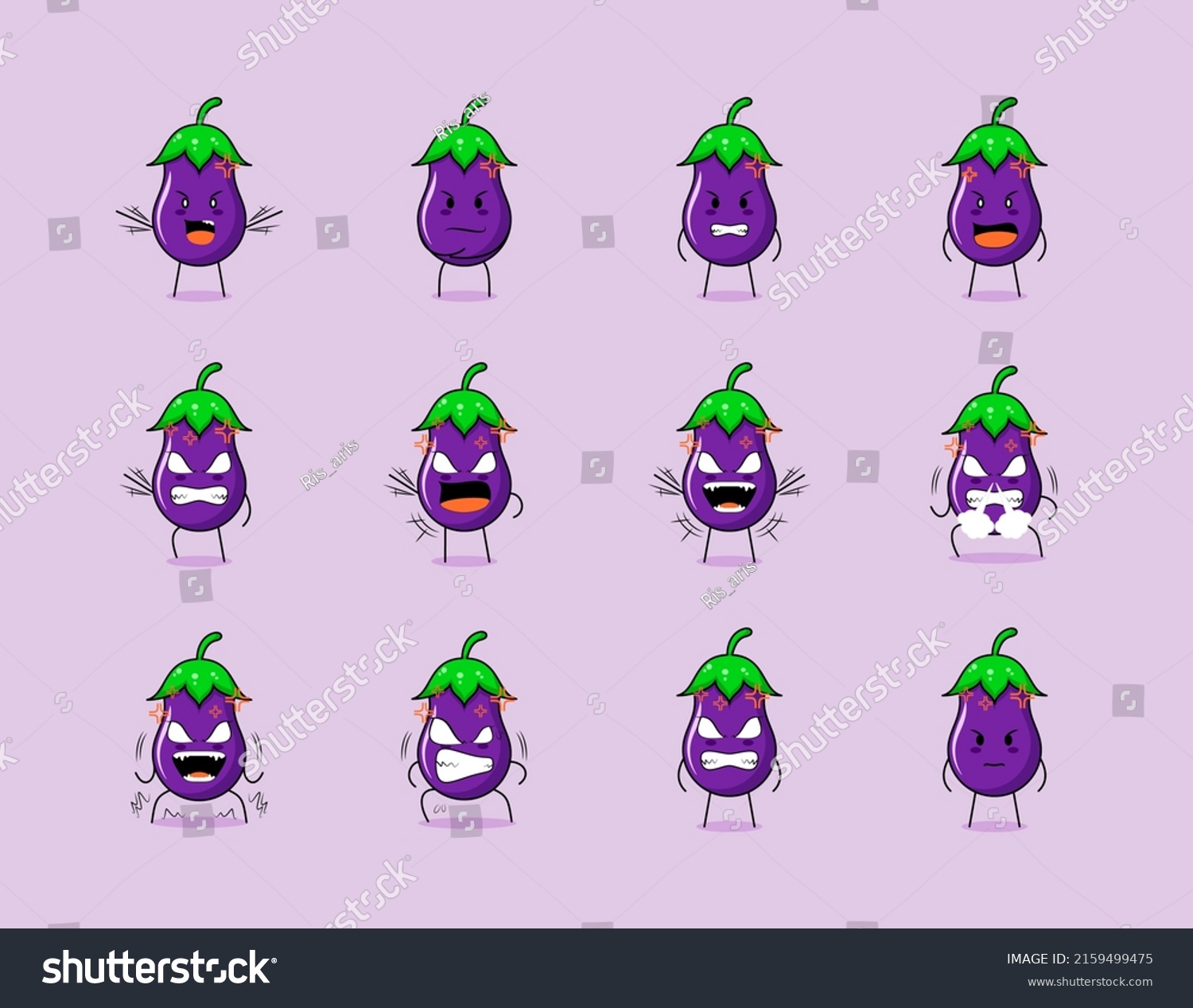 Collection Cute Eggplant Cartoon Character Angry Stock Vector Royalty Free 2159499475