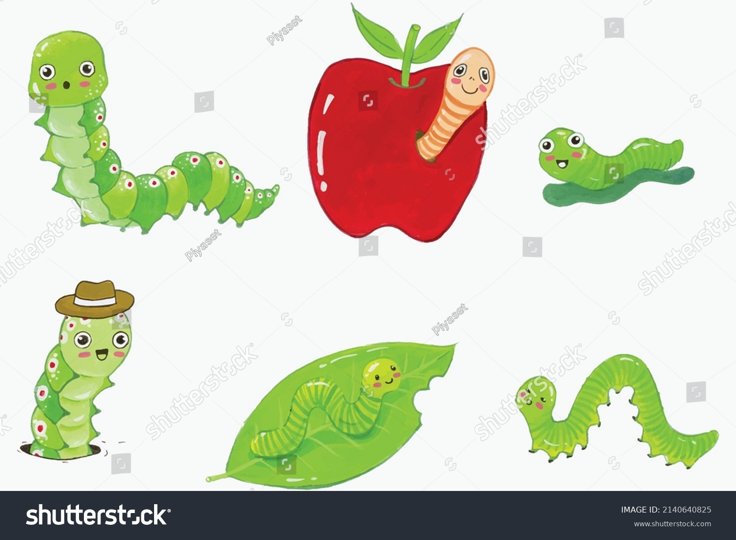 Collection Cute Green Worm Cartoon Leaf Stock Vector (Royalty Free ...