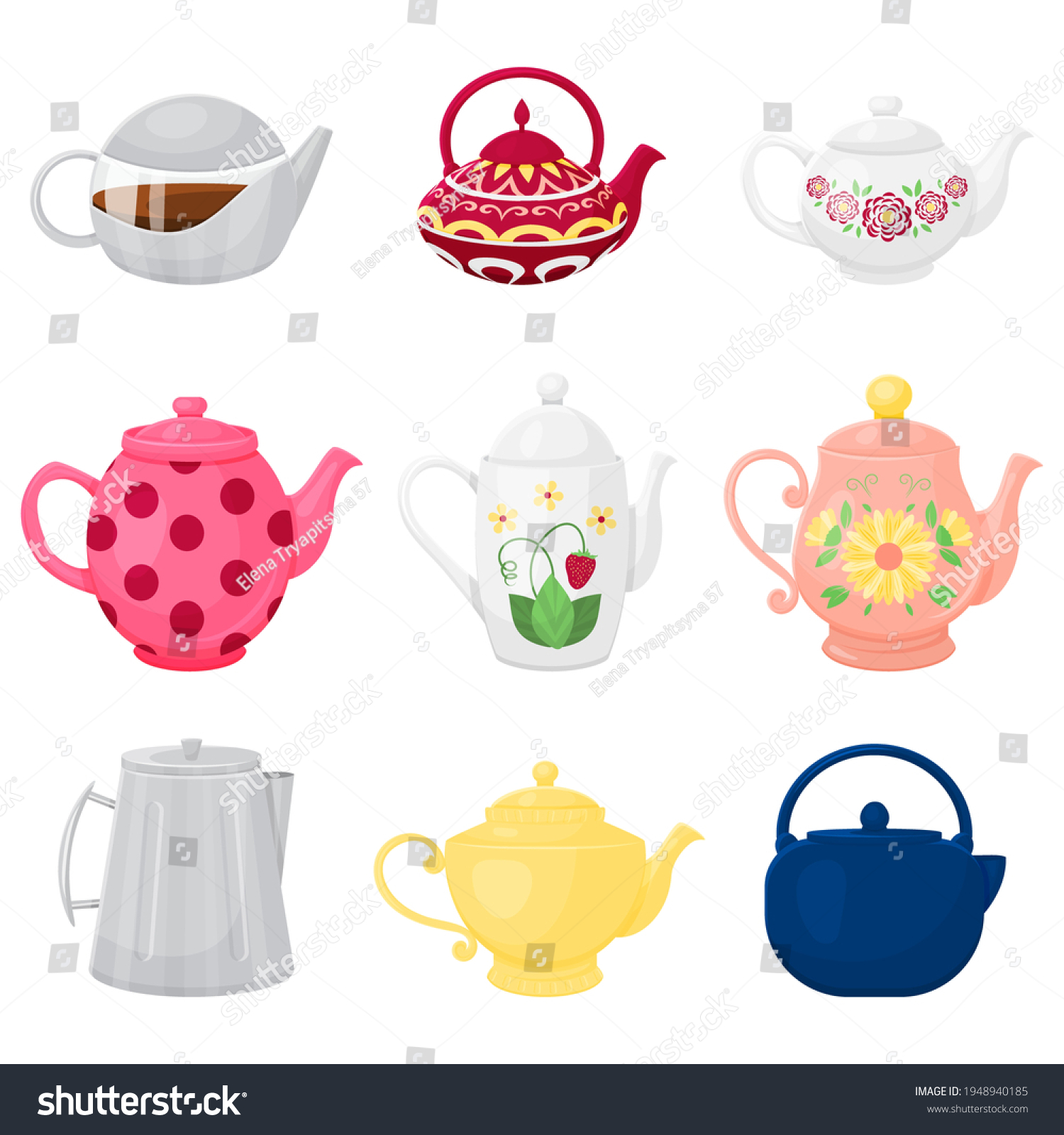 Collection Different Teapots Cartoon Style Vector vetor stock (livre