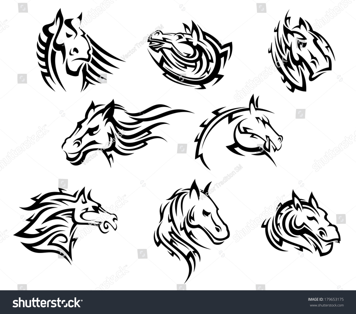 Tribal-Tattoos stock-vector-collection-of-eight-different-horse-tribal-tattoos-logo-designs-in-black-and-white-179653175
