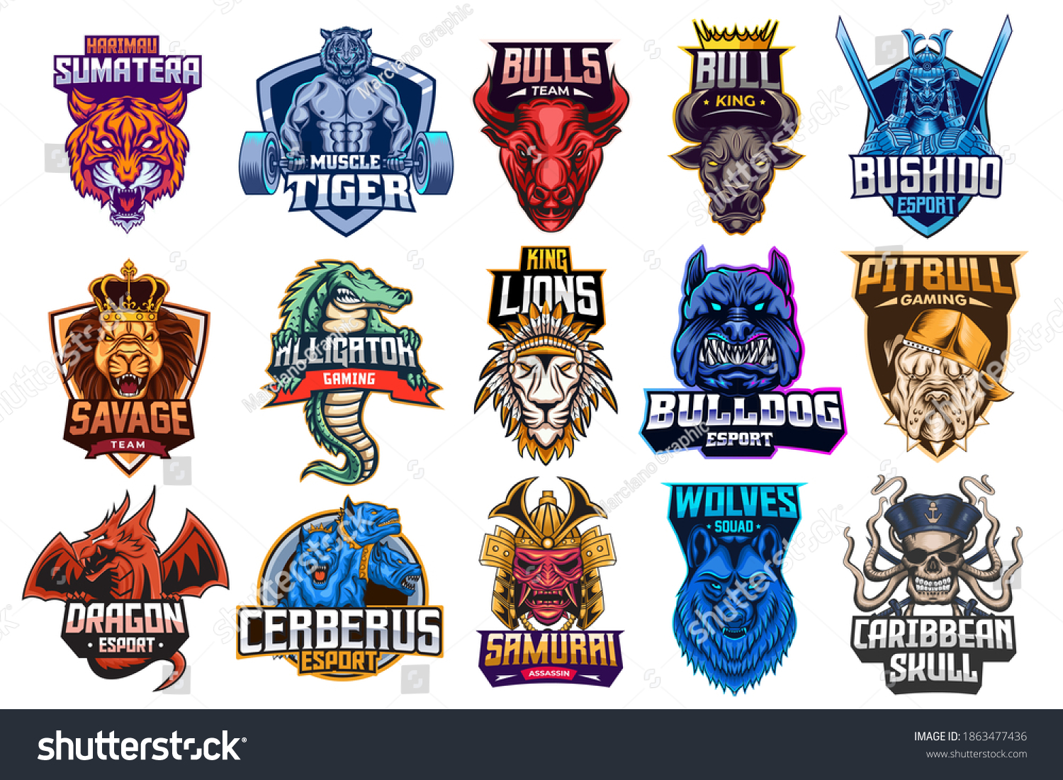 SVG of Collection of emblems of tiger, bulls, lion, alligator, samurai, bulldog, wolves, dragon, cerberus, skull. Colorful set, vector illustration svg