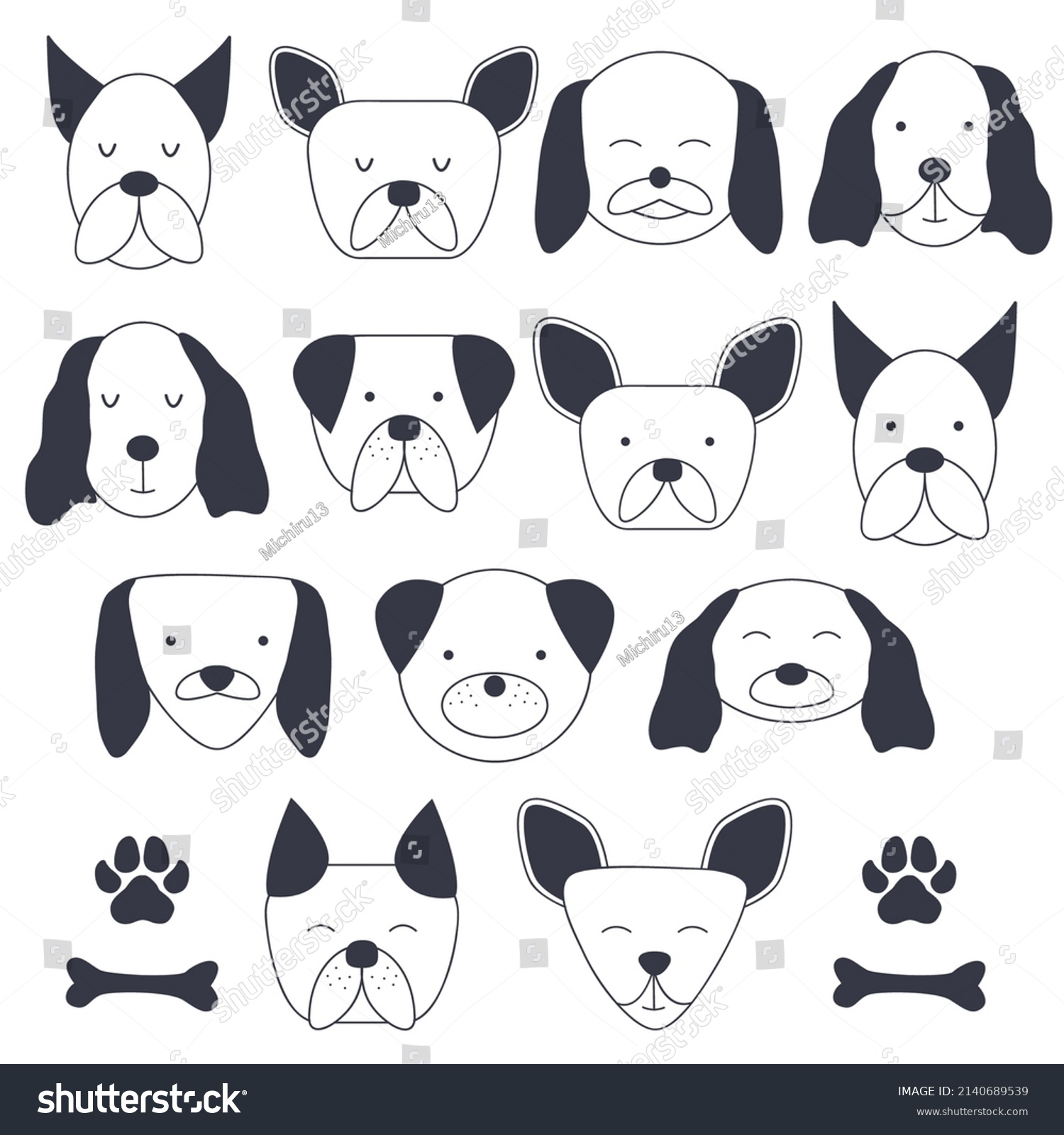 Collection Facial Expressions Different Breeds Dogs Stock Vector 