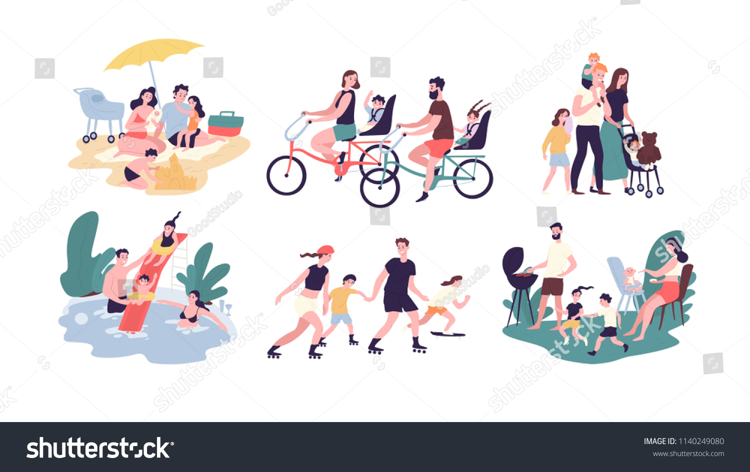 Collection of family outdoor recreational activities. Mother, father and children sunbathing, riding bikes, walking, swimming, roller skating, preparing barbecue together. Cartoon vector illustration.