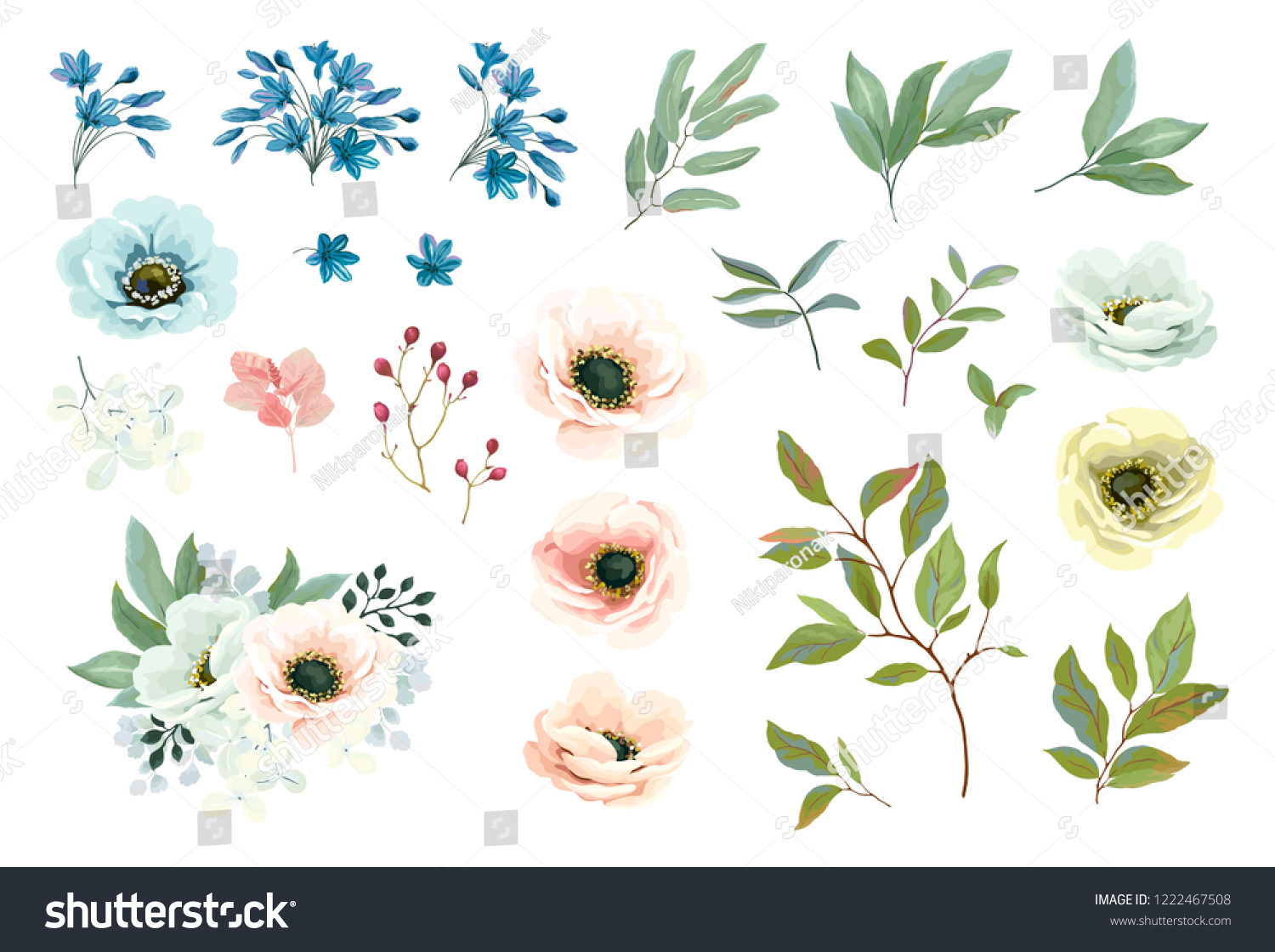 SVG of Collection of floral elements, flowers Anemones, blue Agapanthus, green leaves and branches. Floral template for your wedding, greeting or invitation design. Vector illustration in vintage style. svg