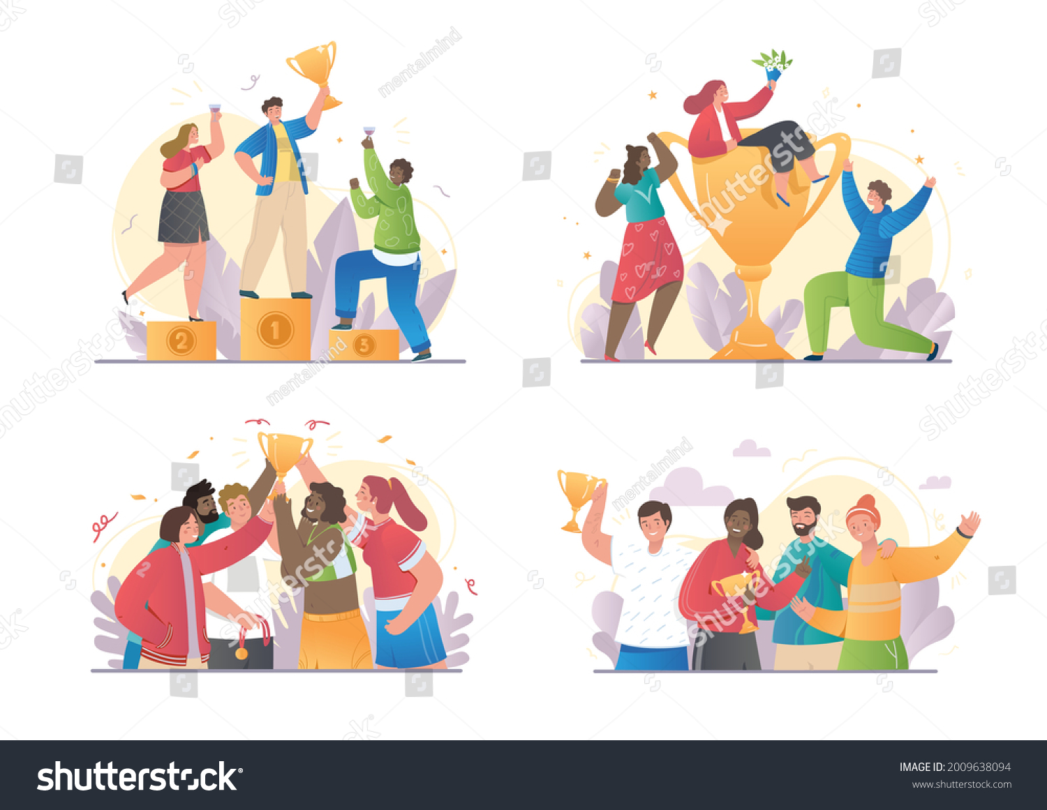 SVG of Collection of four different Happy Competition scenes with winners and trophies celebrating with diverse friends or team mates, set of isolated on white background colored vector illustrations svg
