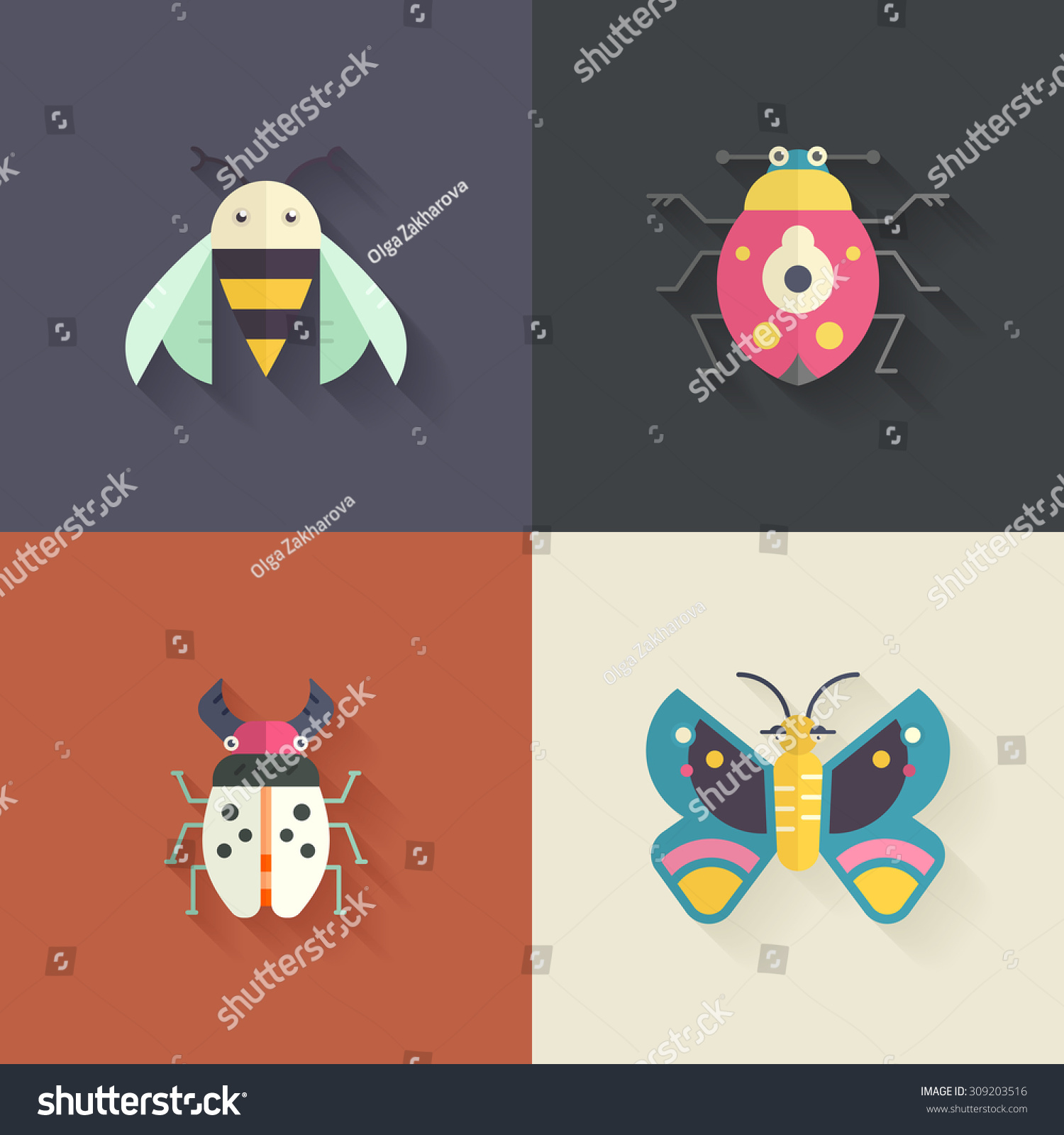 SVG of Collection of four insects made in flat vector style with shadow. Butterfly, bug, bee and dor-beetle. svg