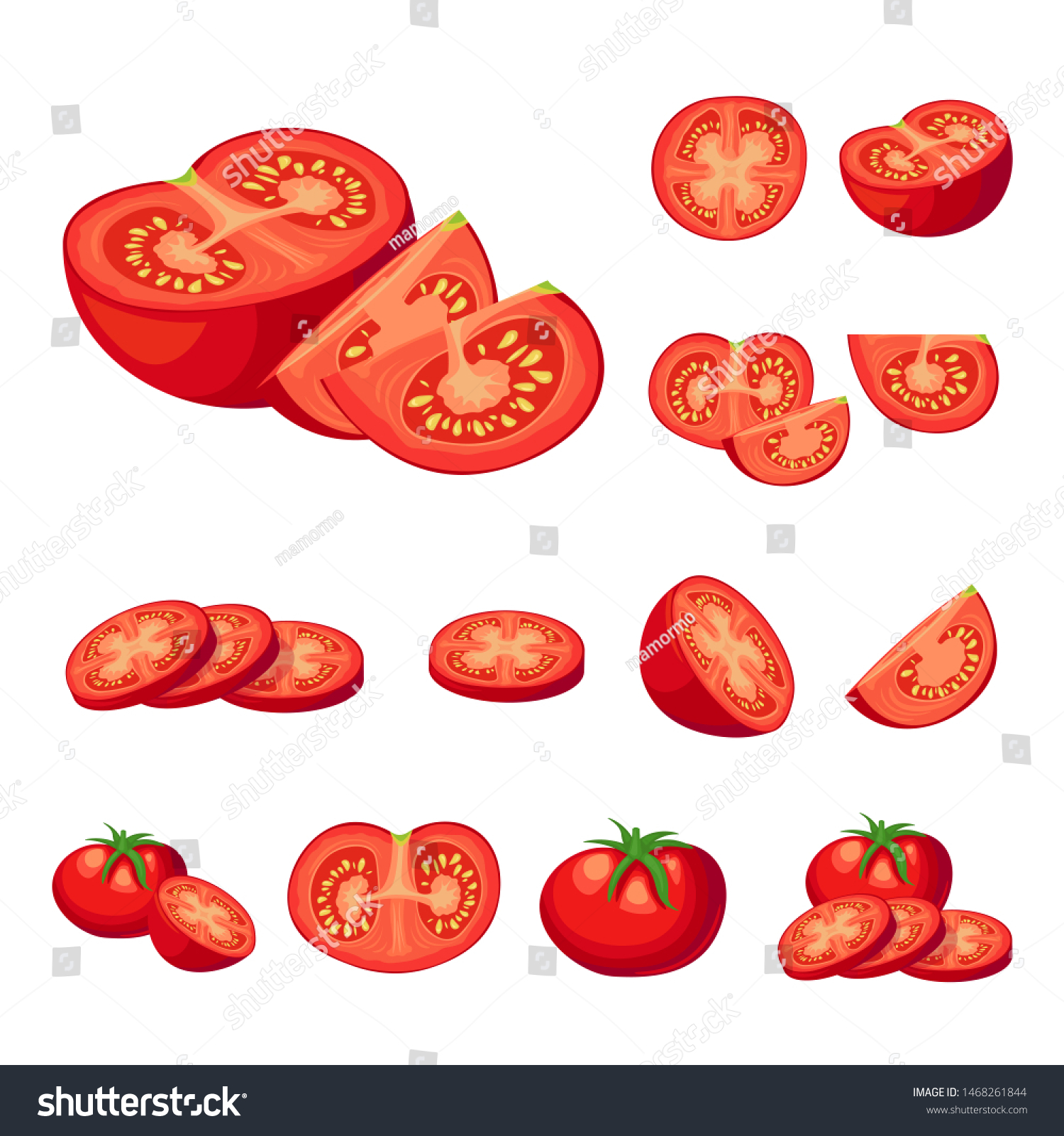 新鮮に切った赤いトマトベクターイラストのコレクション 半分のトマト 一切れのトマト チェリートマト 白い背景に漫画のイラスト のベクター画像素材 ロイヤリティフリー