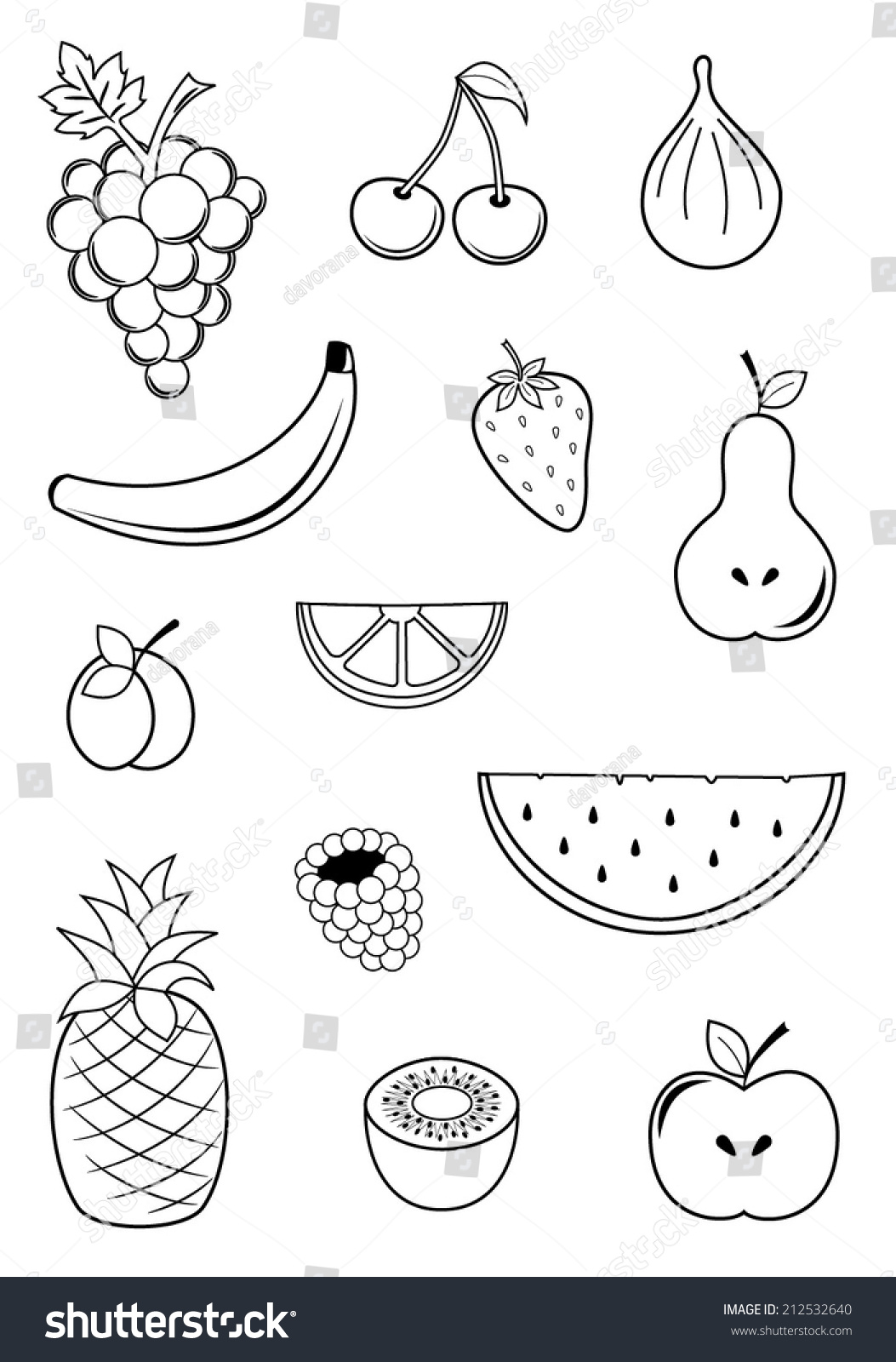 Collection Fruits Cherry Banana Pineapple Kiwi Stock Vector 212532640 ...