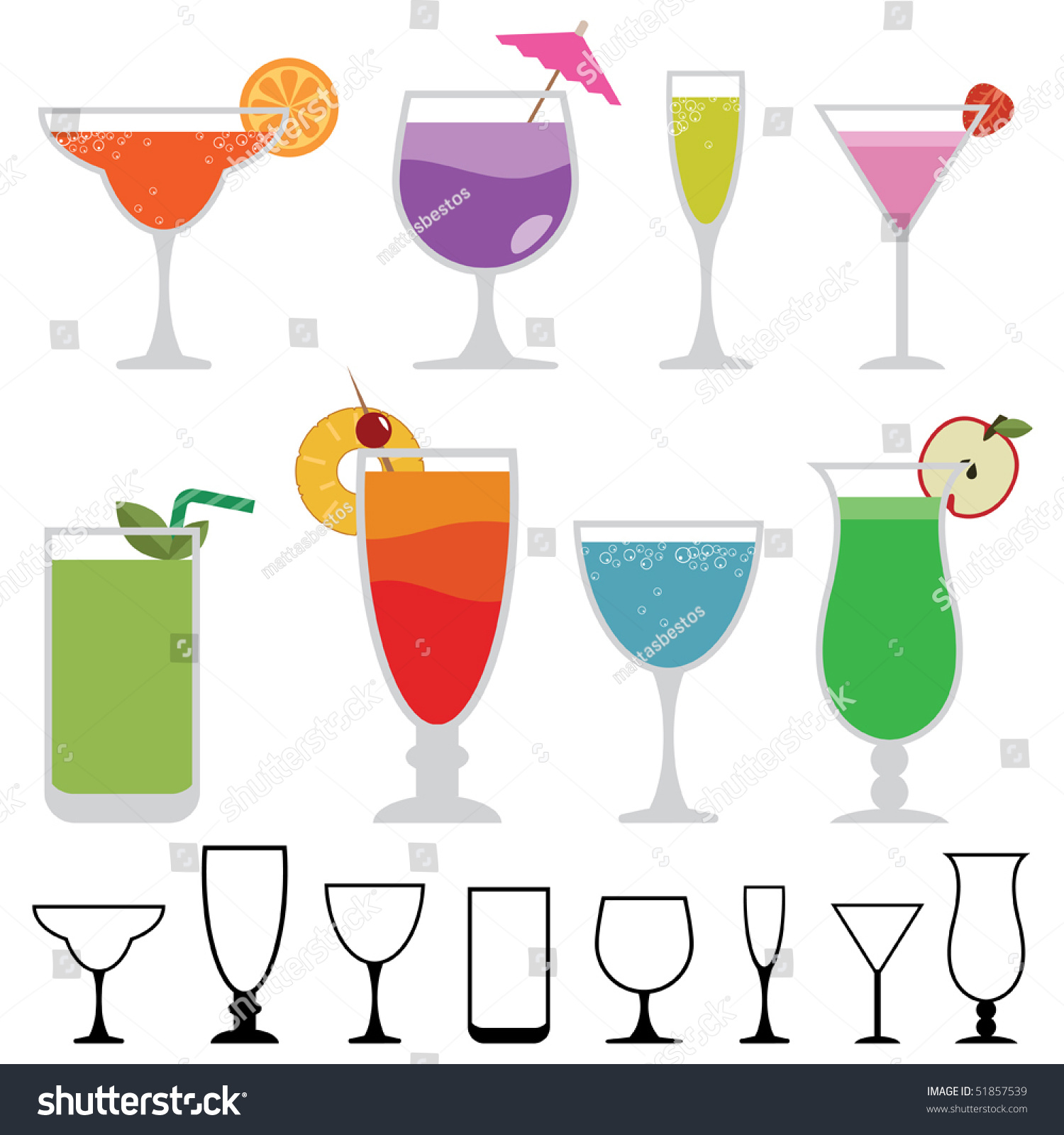 SVG of collection of funky glasses with colorful cocktail drinks isolated on white svg