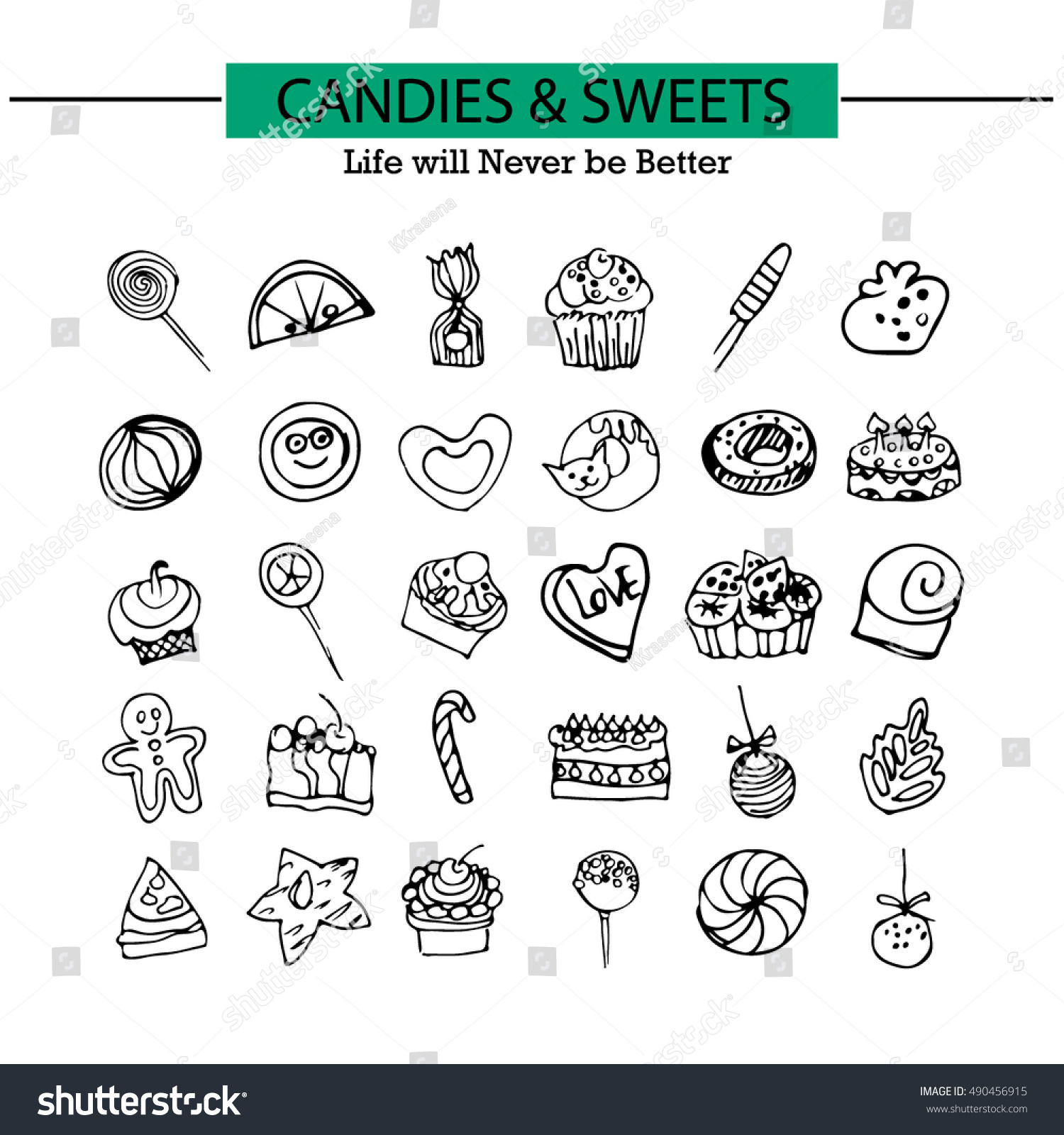 Collection 30 Hand Drawn Sweets Icons Stock Vector Royalty Free 490456915