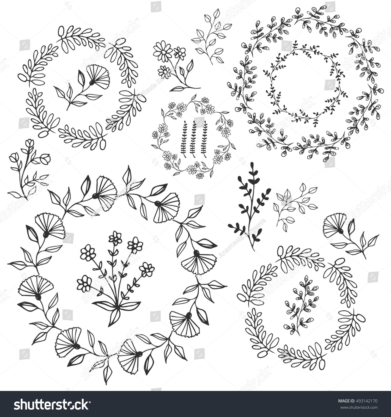 Collection Hand Drawn Wreaths Flowers Herbs Stock Vector (Royalty Free ...