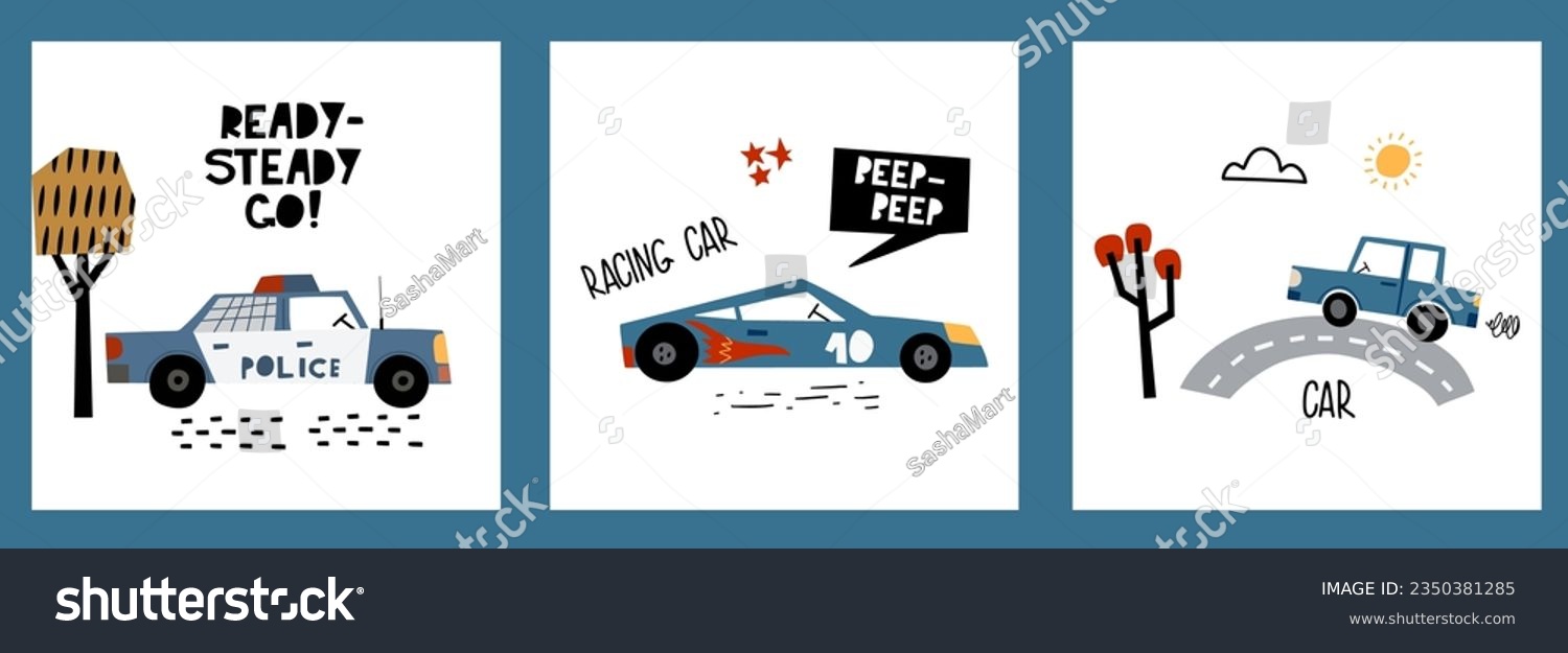SVG of Collection of illustrations with vehicles. Cute set children's poster with car, police car, racing car and lettering in cartoon style. Illustration for the design postcard, textiles, apparel. Vector.  svg