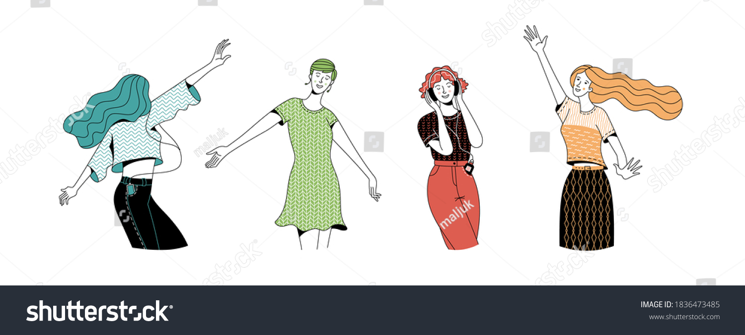 SVG of Collection of joyful women dancing at party vector illustration.  Flat duotone happy female characters. Positive thinking and enjoying life concept. Cartoon good mood power svg
