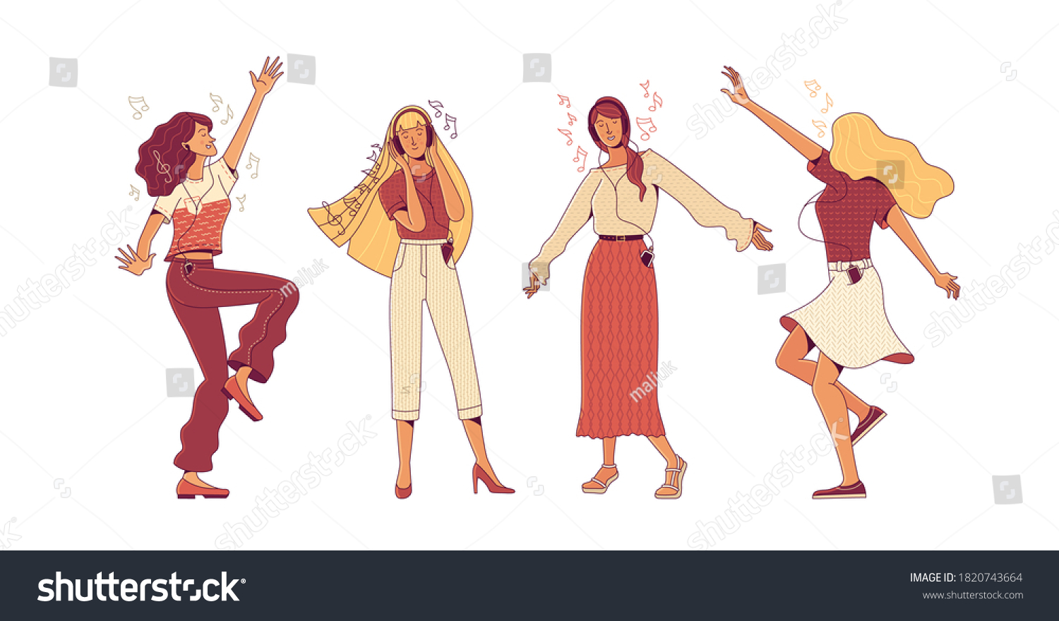 SVG of Collection of joyful young blonde and brunette women characters dancing at party and music notes on white background as hedonism and freedom concept svg