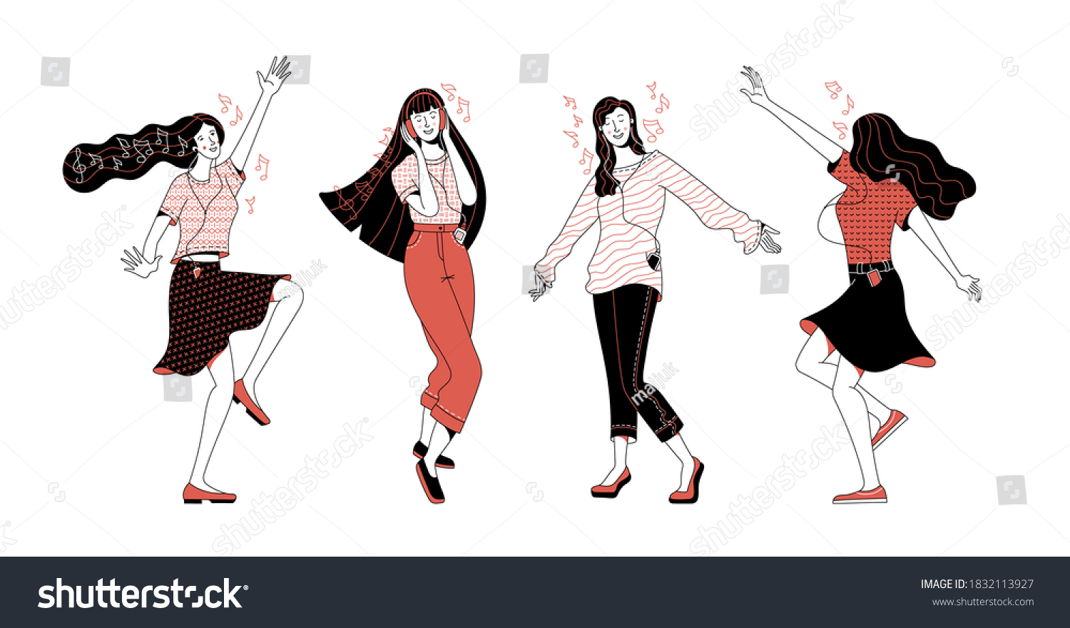 SVG of Collection of joyful young blonde and brunette women characters dancing at party and music notes on white background as hedonism and freedom concept svg