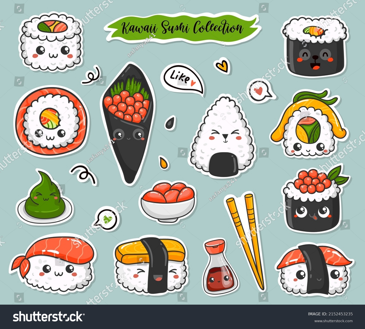 Collection Kawaii Sushi Stickers Vector Illustration Stock Vector ...