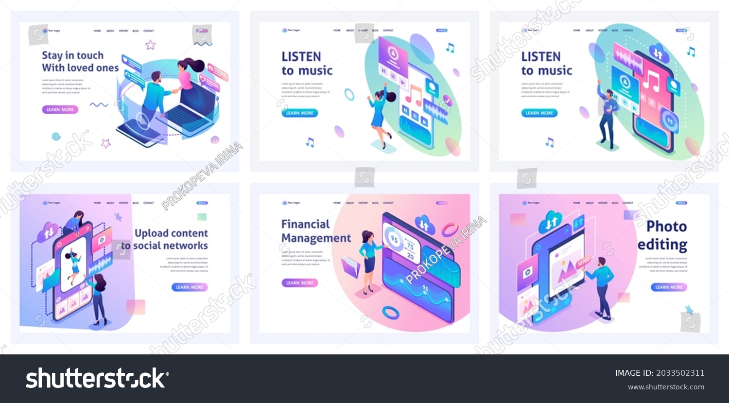 SVG of Collection of landing pages. Men and women communicate online, create social networks, listen to music, process photos. Mobile apps. Isometric characters. svg