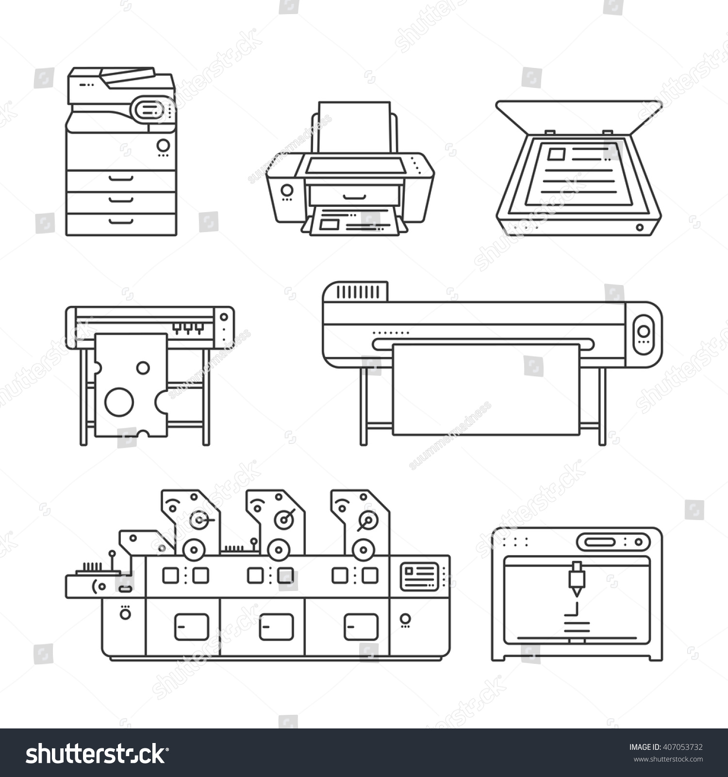 SVG of Collection of linear,flat Offset Printer,3D printer,Scanner,Laser printer,Plotter machine,Cutting plotter,InkJet printer,Copy Machine,photo,large format Printer.Vector illustration. Isolated on white svg