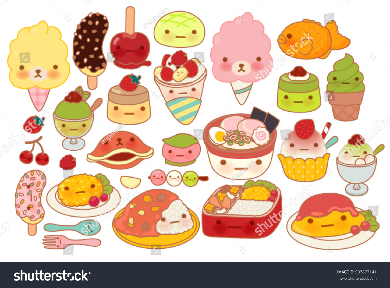 白いベクター画像ファイルeps10に愛らしい日本の赤ちゃん食べ物の落書きアイコン かわいいオムレツ かわいいデザート 甘いチョコバナナ かわいいプリン 子どものようなまんがのガーリーラーメンのコレクション のベクター画像素材 ロイヤリティフリー