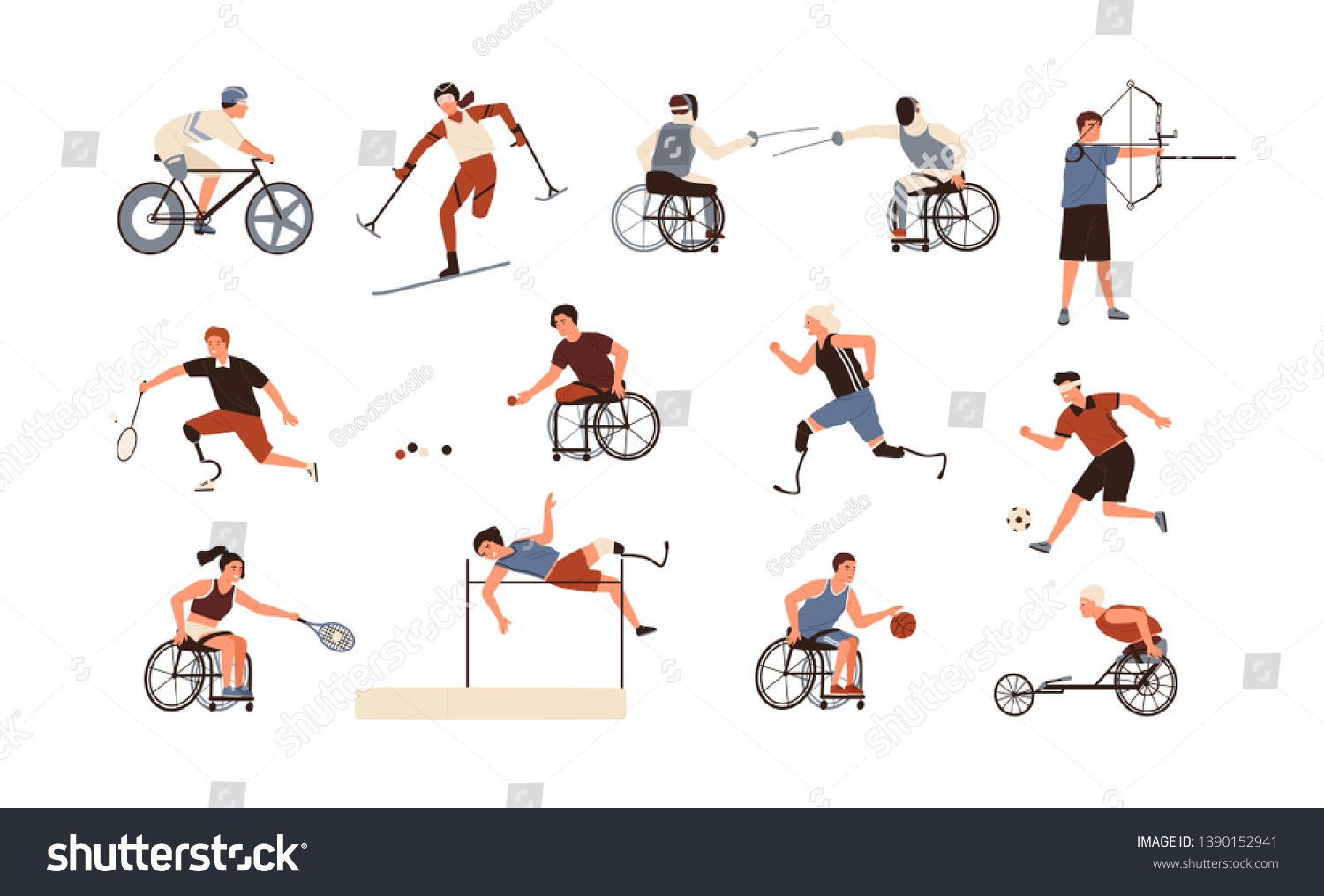 SVG of Collection of male and female paralympic athletes isolated on white background. Bundle of disabled people with prosthetic limbs performing sports activities. Flat cartoon vector illustration. svg
