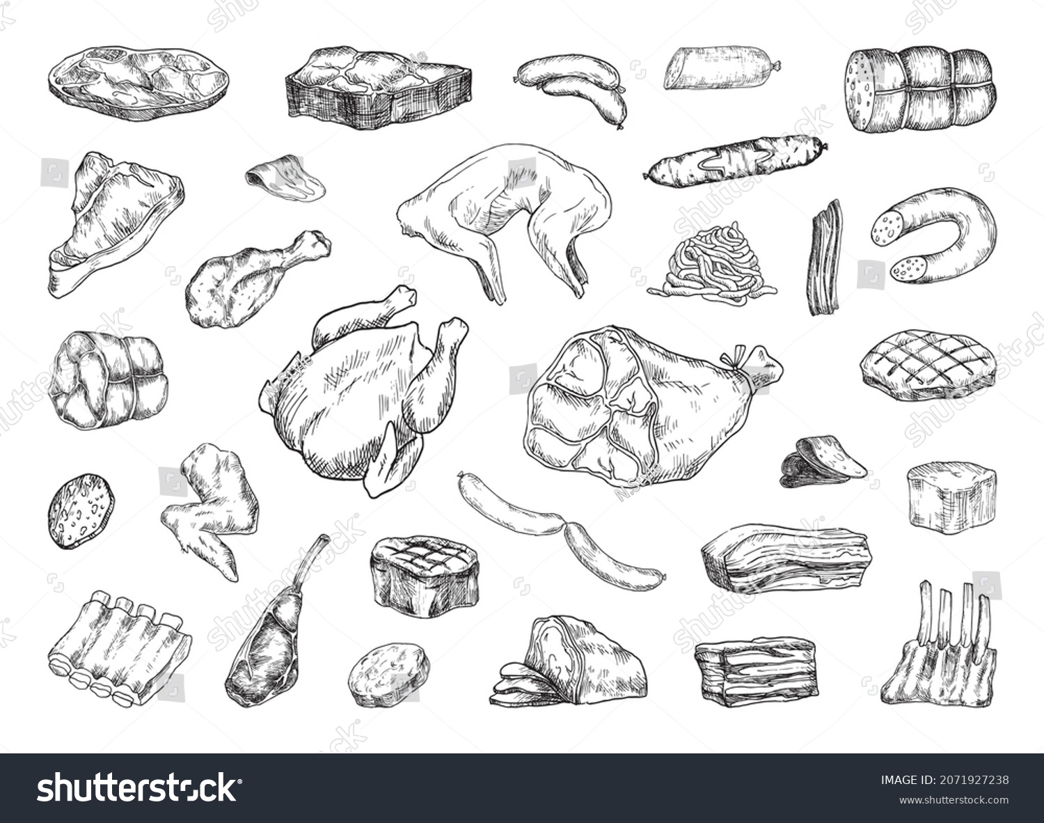 SVG of Collection of monochrome illustrations of meat products in sketch style. Hand drawings in art ink style. Black and white graphics. svg