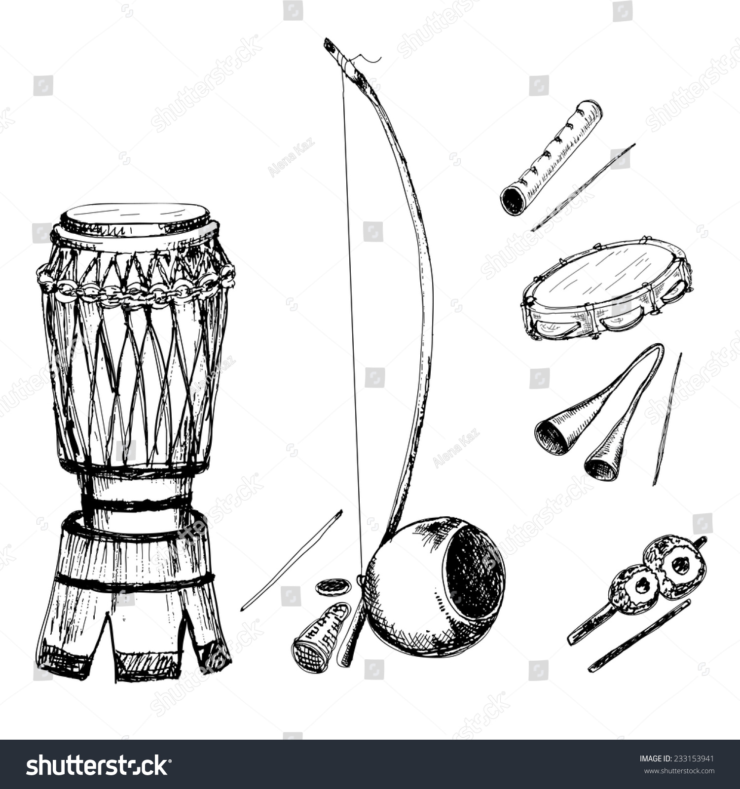 Collection Of Musical Instruments Of Capoeira. Hand Drawn Illustrations ...