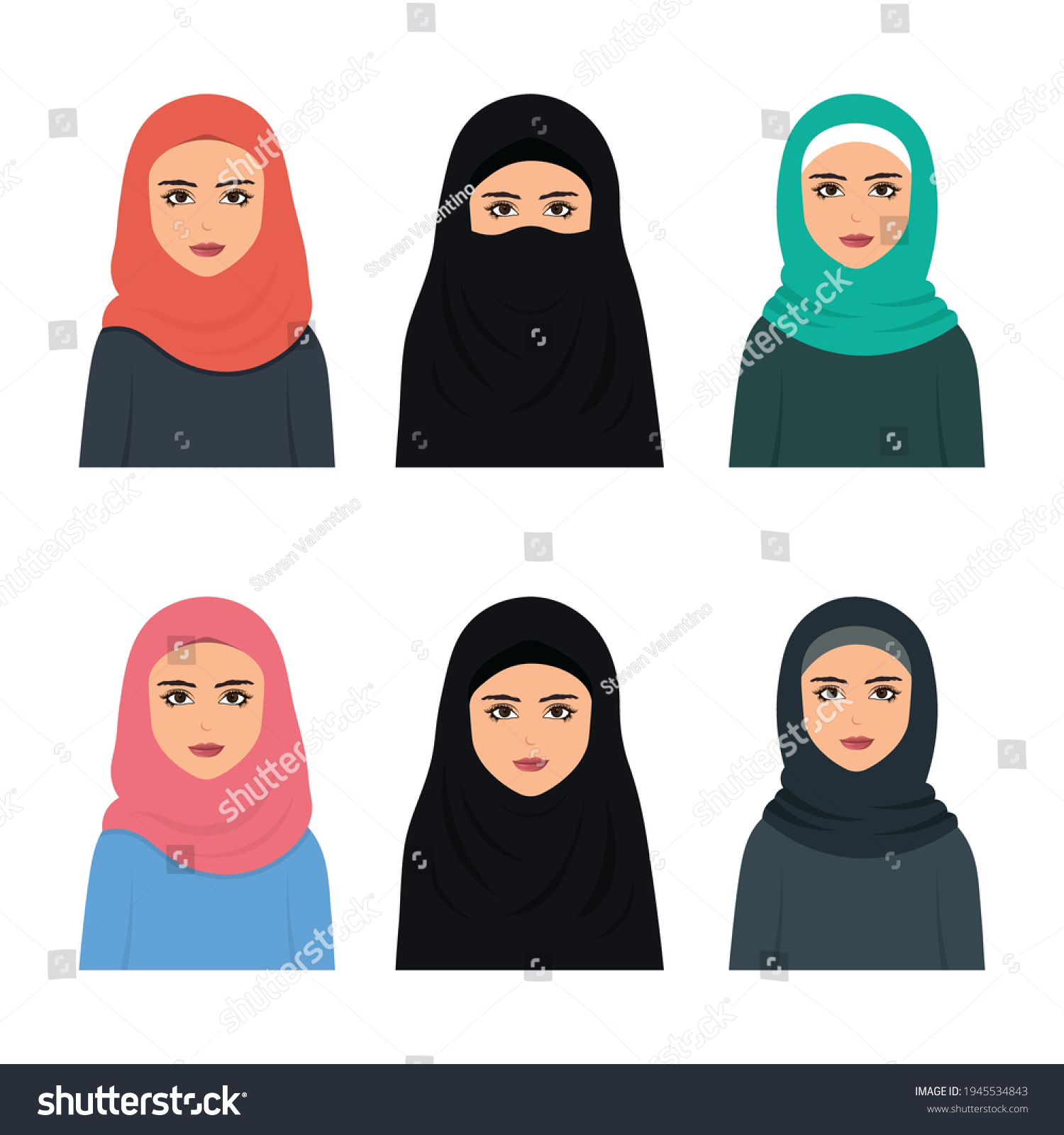 Collection Muslim Woman Character Flat Style Stock Vector (Royalty Free ...