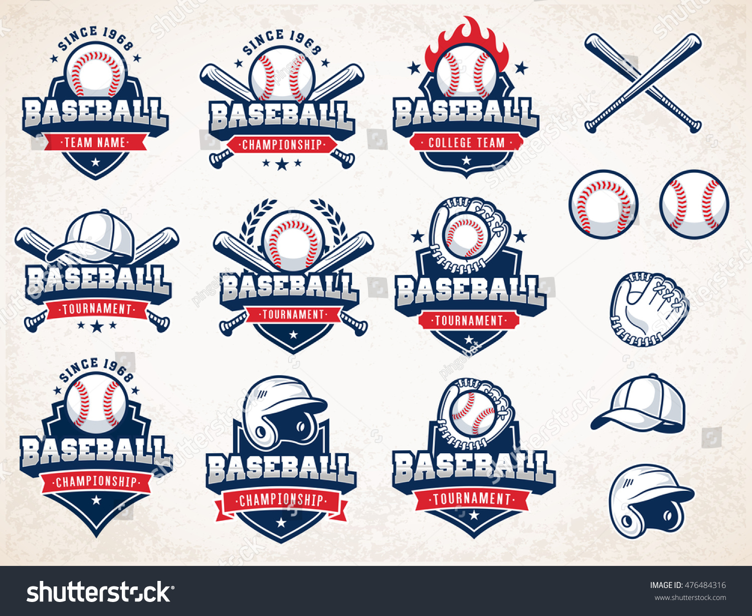 9つのカラフルなベクター野球のロゴとインシナス 野球用具のイラストセットを含む のコレクション のベクター画像素材 ロイヤリティフリー