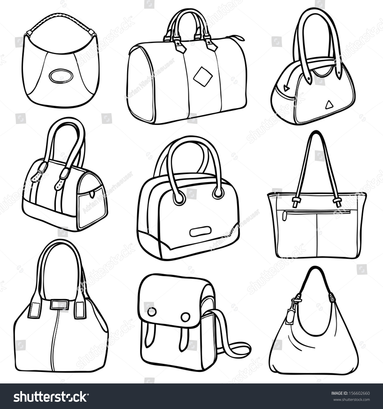 Collection Of Nine Outlines Of Ladies Fashion Handbags In Different ...