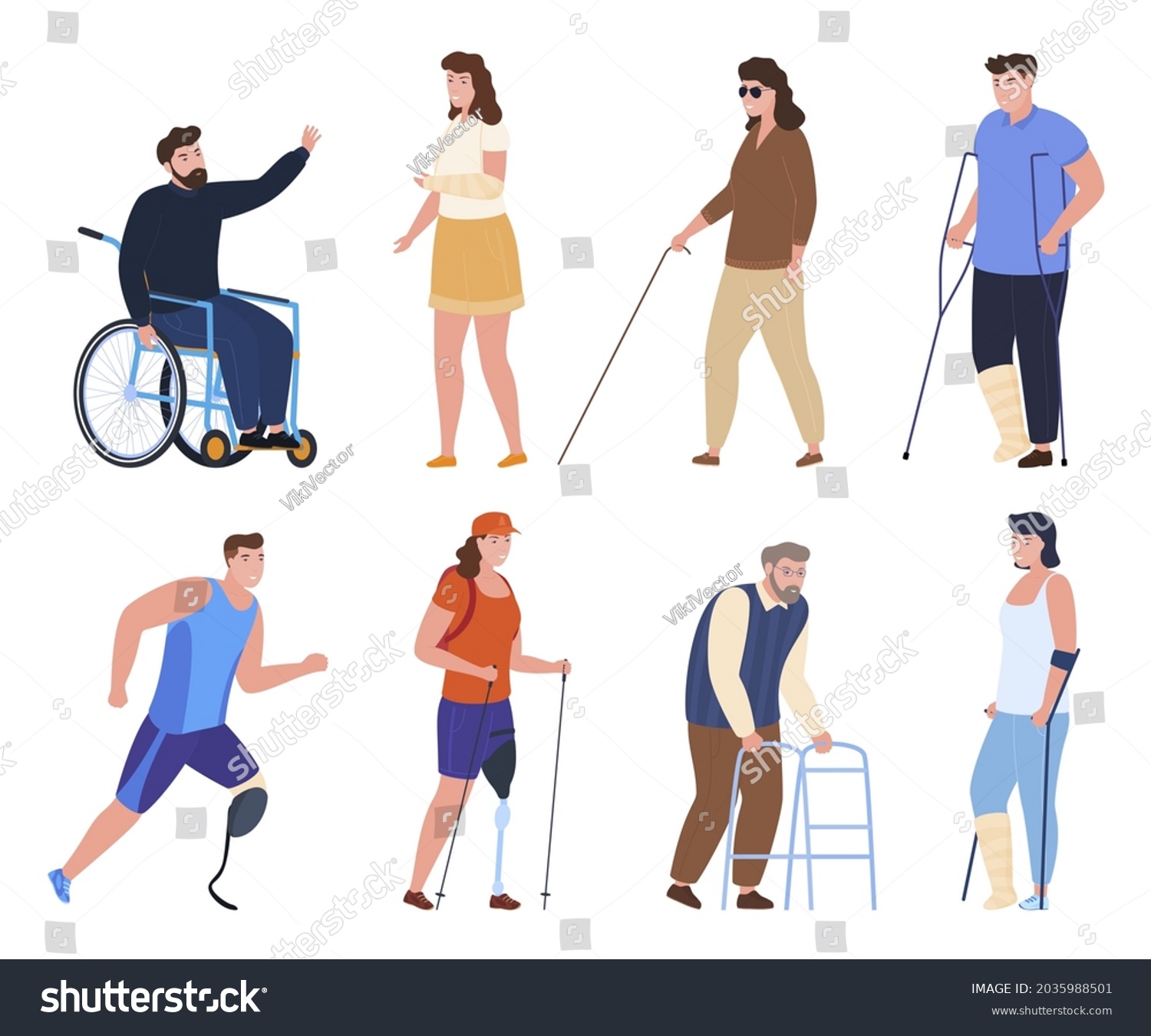 SVG of Collection of people with disabilities vector flat illustration. Set of man and woman suffering various physical injury and aging disease isolated. Handicapped person on wheelchair, crutch and cast svg