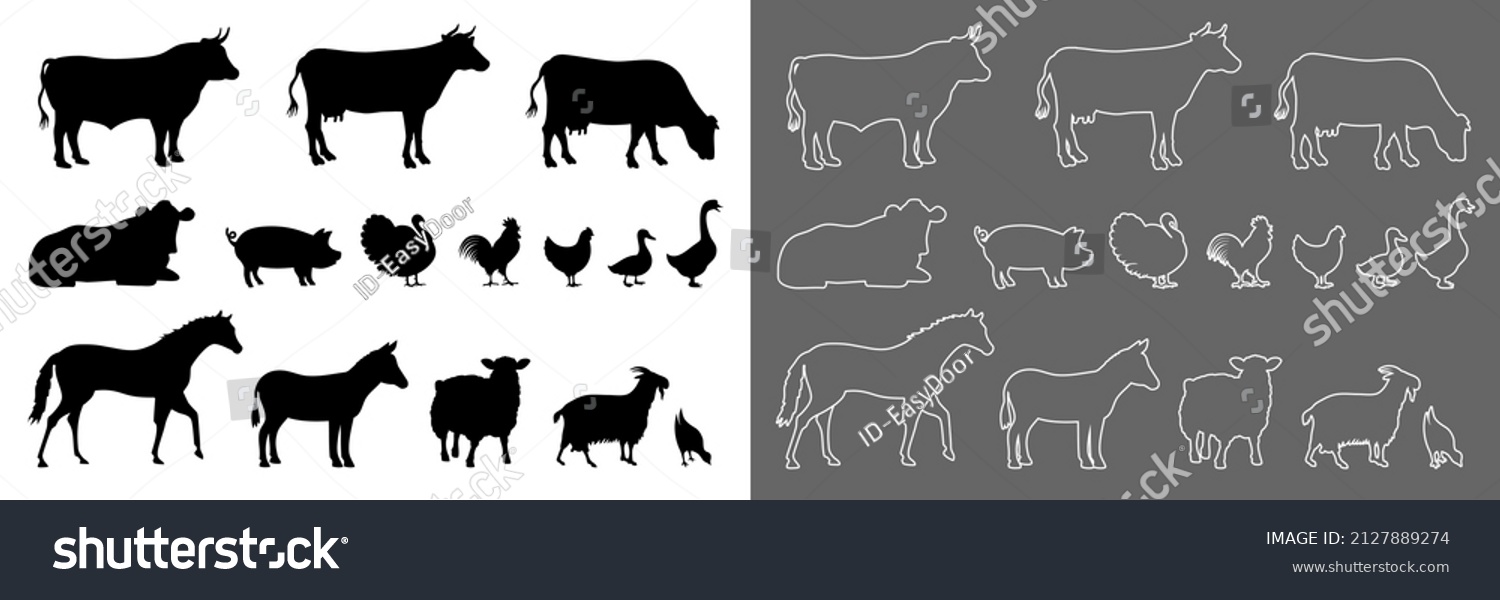 SVG of Collection of pictograms representing the different farm animals, a series composed of black silhouettes and another without a background with white outlines.  svg